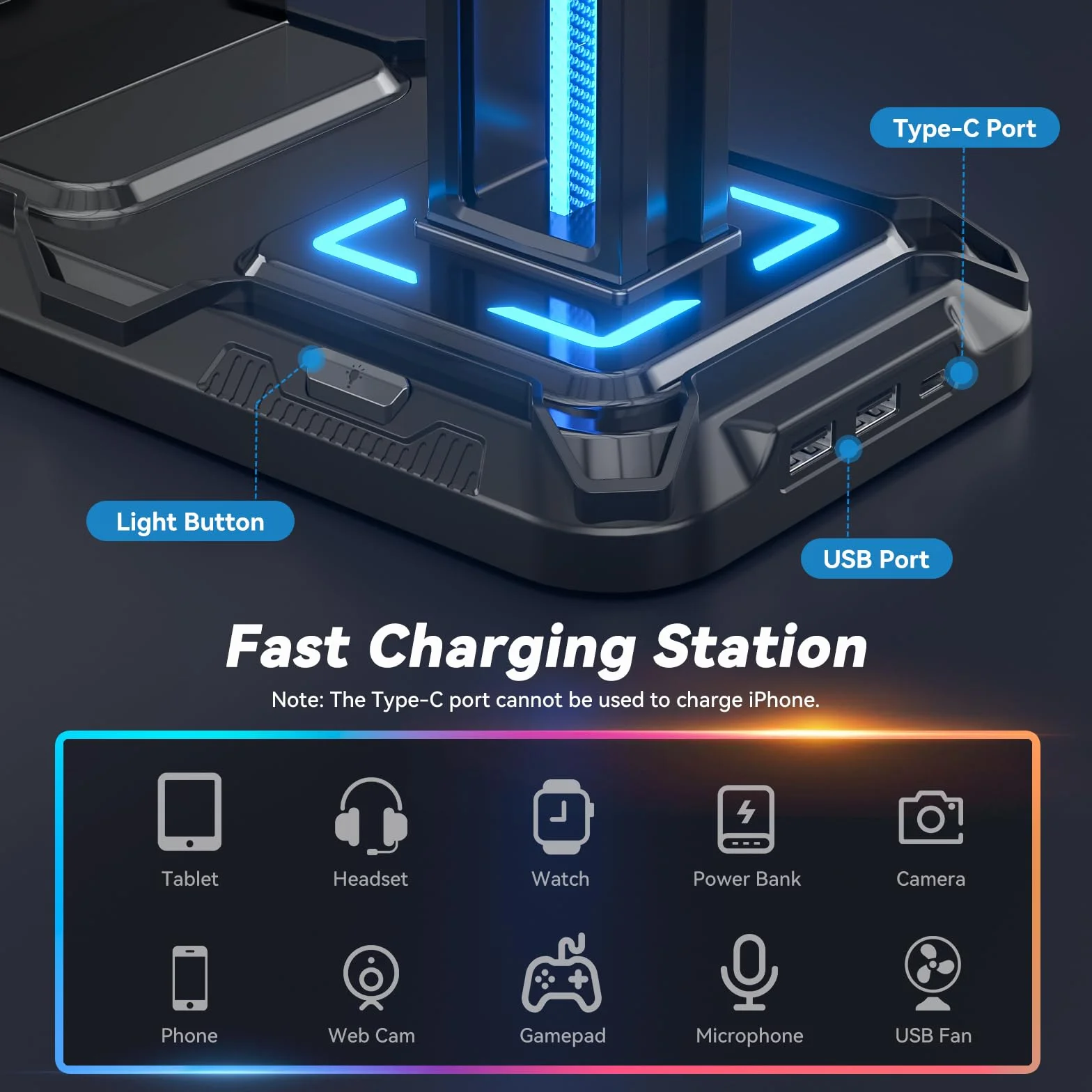 KDD Porta Cuffie da Scrivania con Supporto Telefono, Stand Cuffie Gaming Nero, Porta Controller Staccabile 9 Modalità Illuminazione, USB