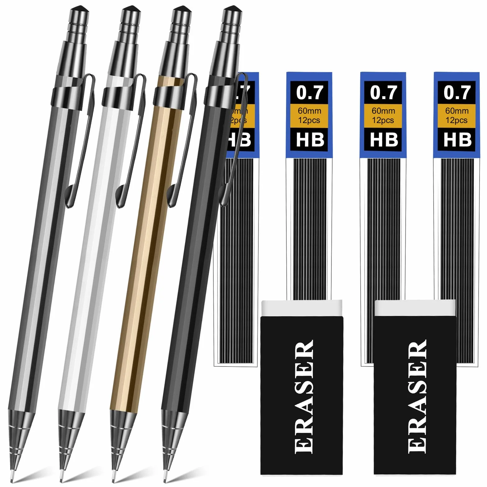 OFFCUP Matite Meccaniche Set 4pz 0.7mm Portamine in Metallo con HB Mine per Disegno Scrittura