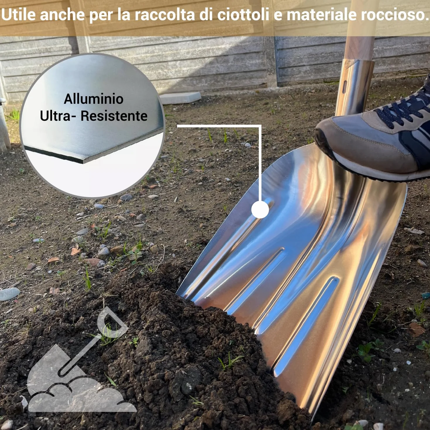 Crisalide® - Badile Super Resistente 36x49 cm con Manico in Legno - Versatile per Uso Agricolo, Giardinaggio e Lavori Pesanti, Multiuso, Pala da Neve (Alluminio)