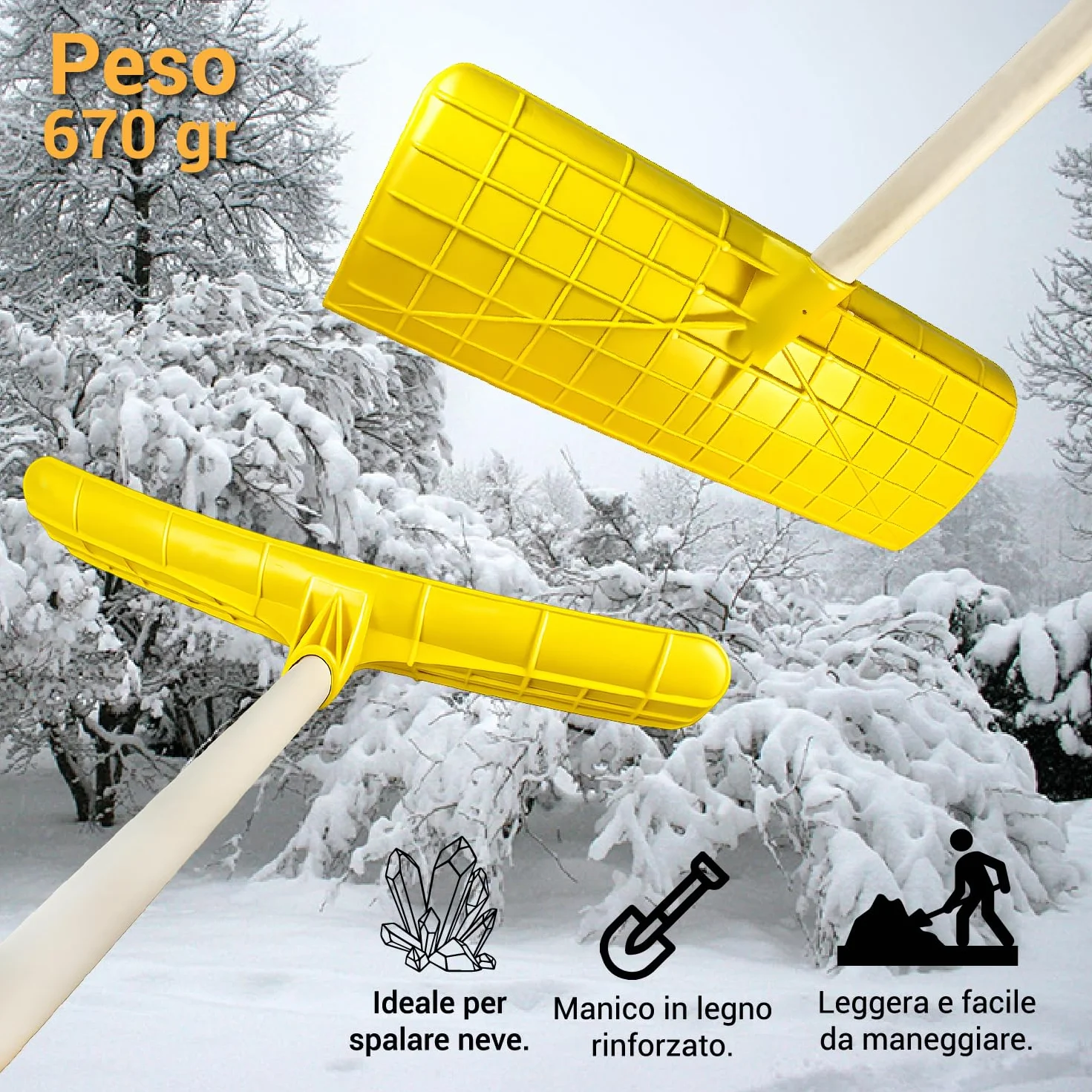 Crisalide® - Pala da Neve con Manico 130 cm in Legno di Faggio – Spingi Neve Multiuso 61 cm in Polipropilene PP, Peso 670 g – Pala Spingineve per Neve, Cereali, Ghiaia e Fango per Vialetti Cortili