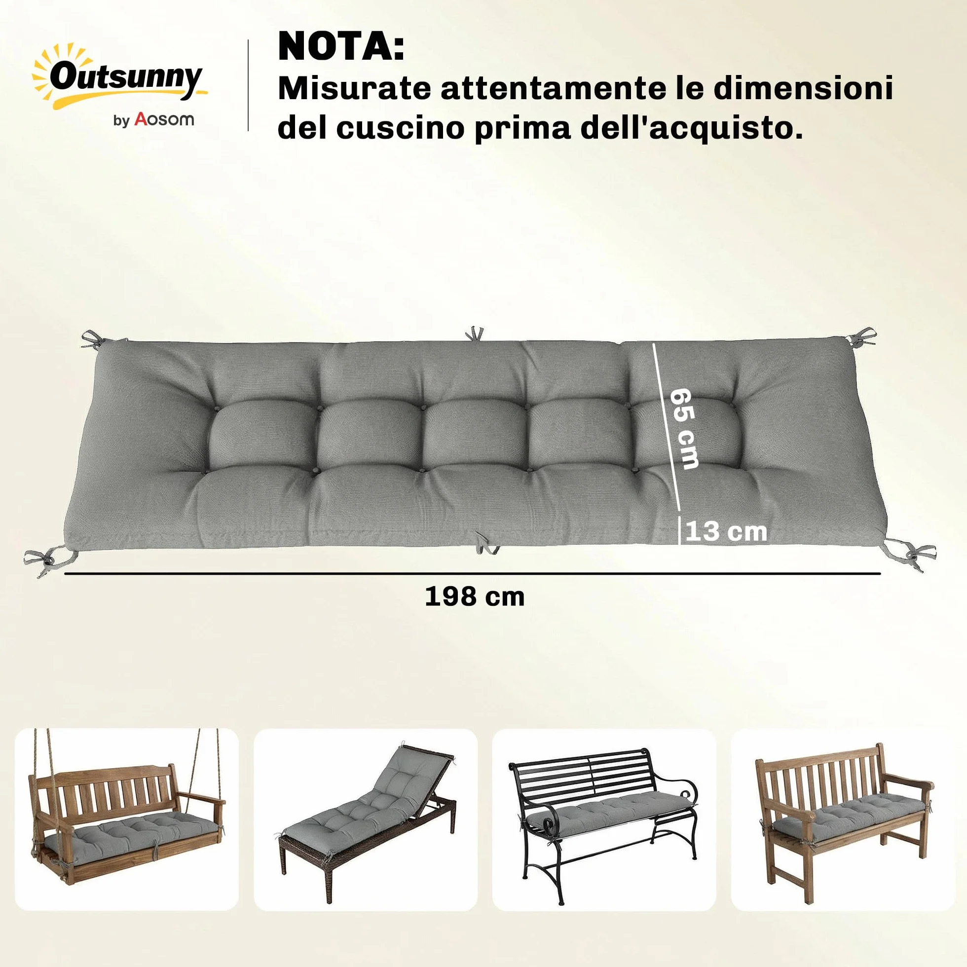 Outsunny Cuscino per Poltrona da Patio, UV50+ con Cinghie di Fissaggio, 198x65x13 cm, Grigio Chiaro