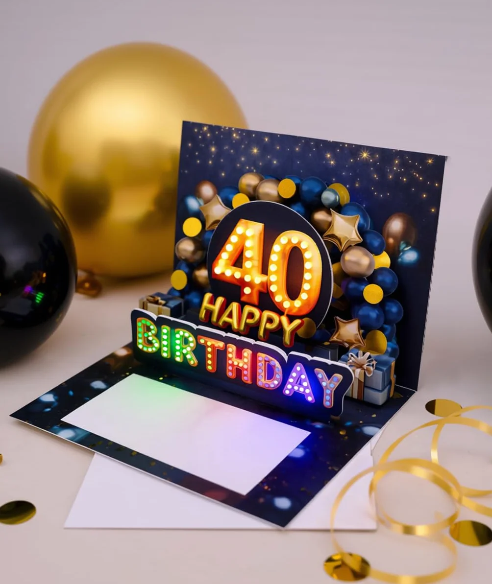 Joli Coon Biglietto auguri 40 anni uomo – Biglietto auguri compleanno 3D con musica e luce pop up, 20×15 cm, busta e adesivo sigillo