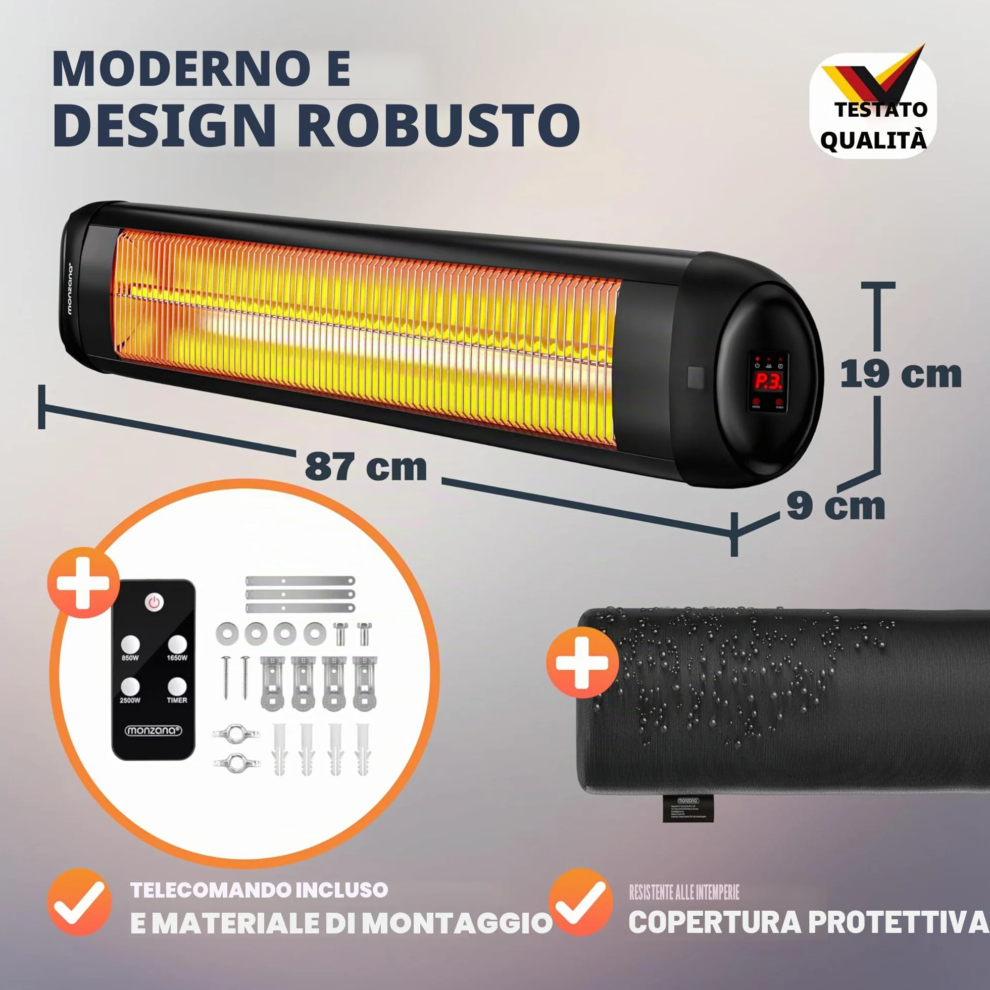 Monzana Stufa a Infrarossi 2500W a Parete 3 Livelli Calore Inclinabile 90° Telecomando Timer 24h