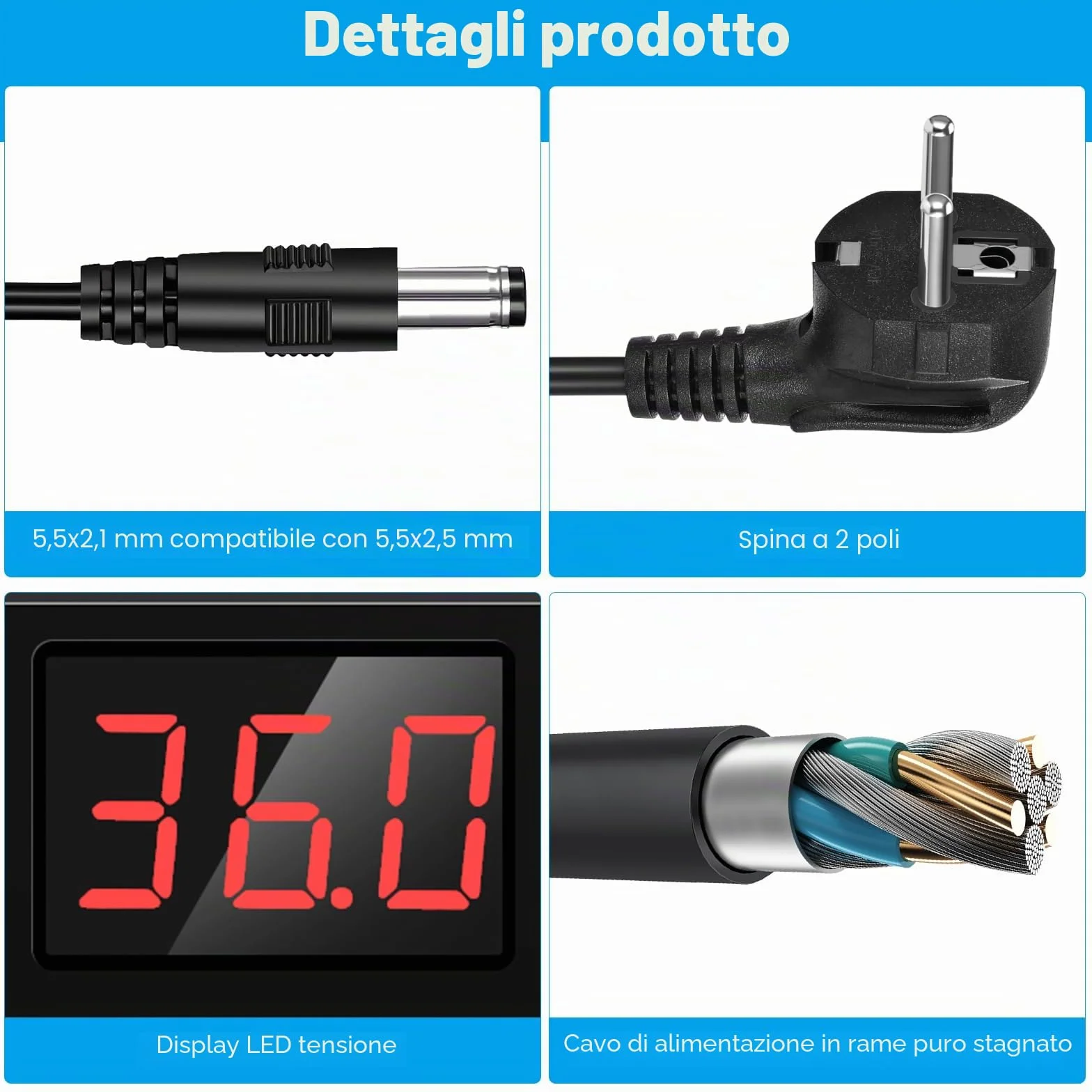 Uniwersalny regulowany zasilacz 3V-36V 2A 72W 100V-240V AC DC LED 5,5x2,5mm 16 końcówek