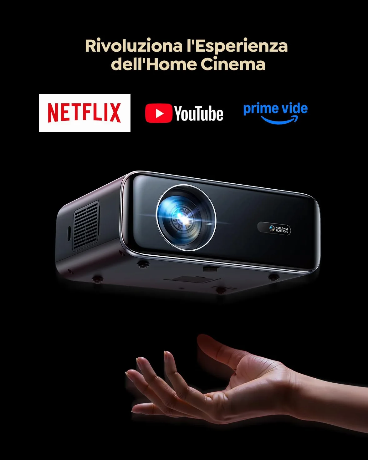 WiMiUS Proiettore Smart 4K Support, Full HD 1080P Nativo, WiFi Bluetooth, Autofocus, Auto Keystone, HDMI ARC, Dolby, Netflix