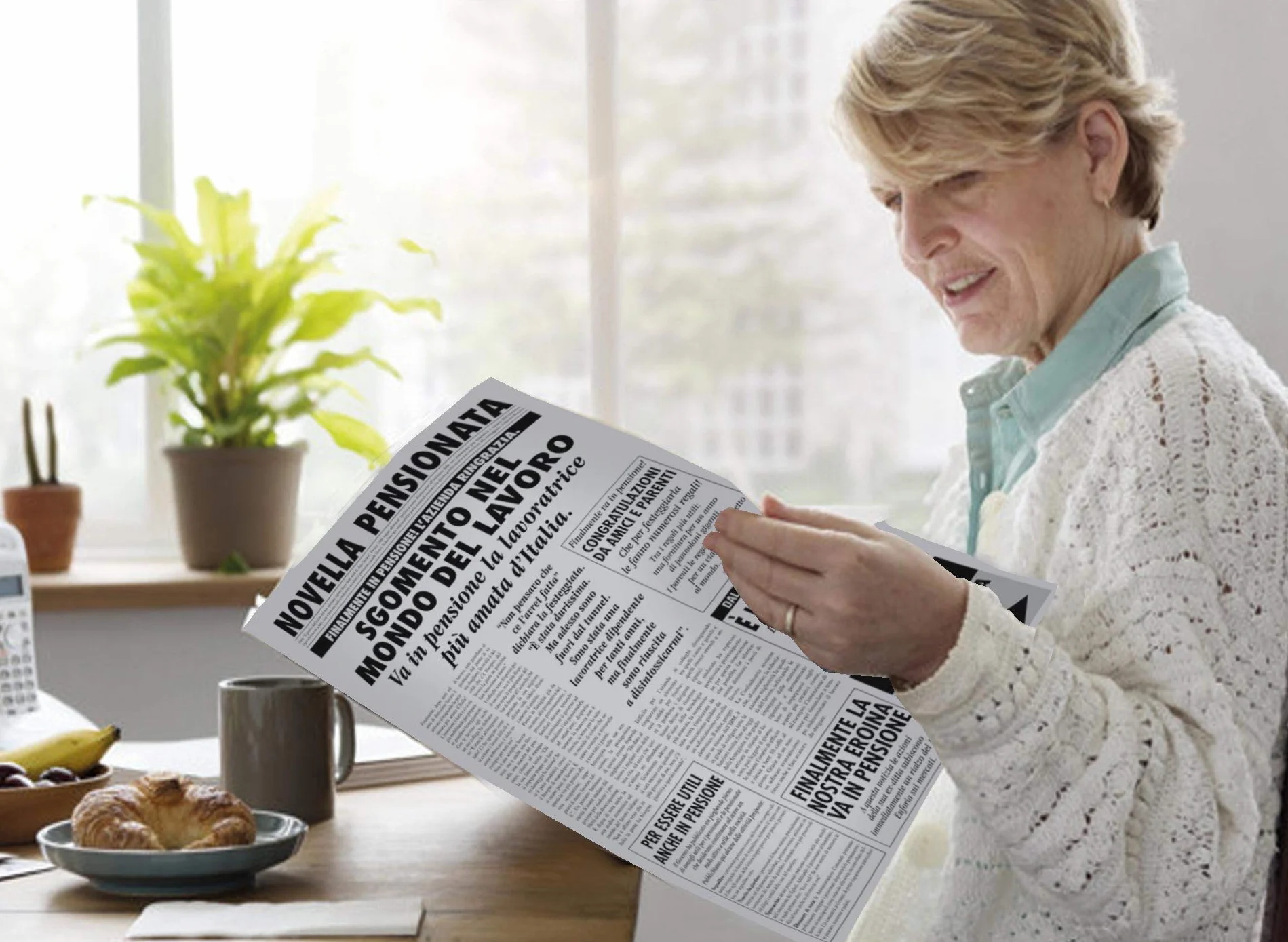 Bombo Biglietto auguri giornale pensionata