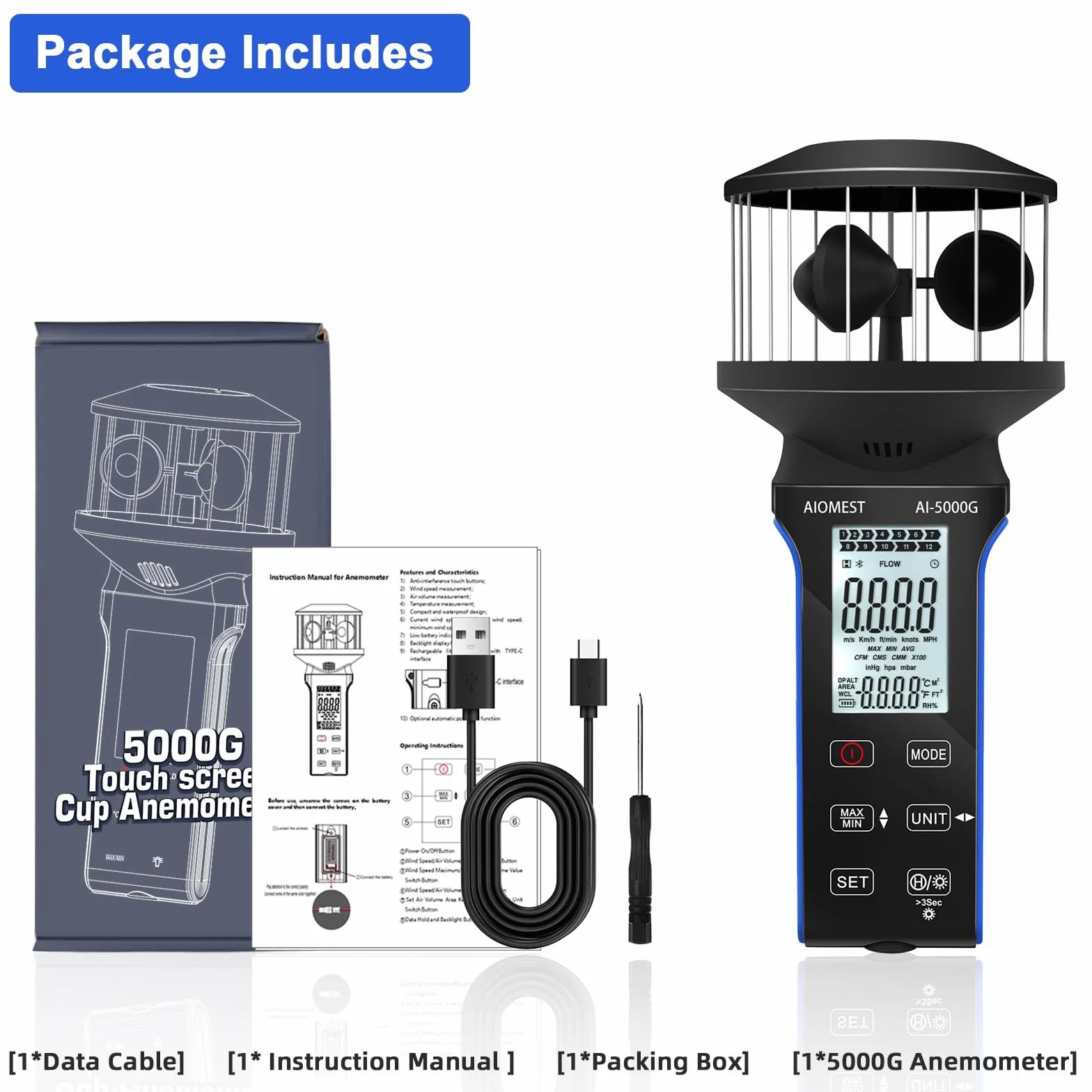 AIOMEST Anemometro Digitale Portatile, Misuratore di Velocità del Vento a 4 Tazze a 360°, Anemometro ad Alta Precisione ±5% con Temperatura (℃/℉), MAX/AVG per Riprese, Vela, Surf, Drone, AI-5000G
