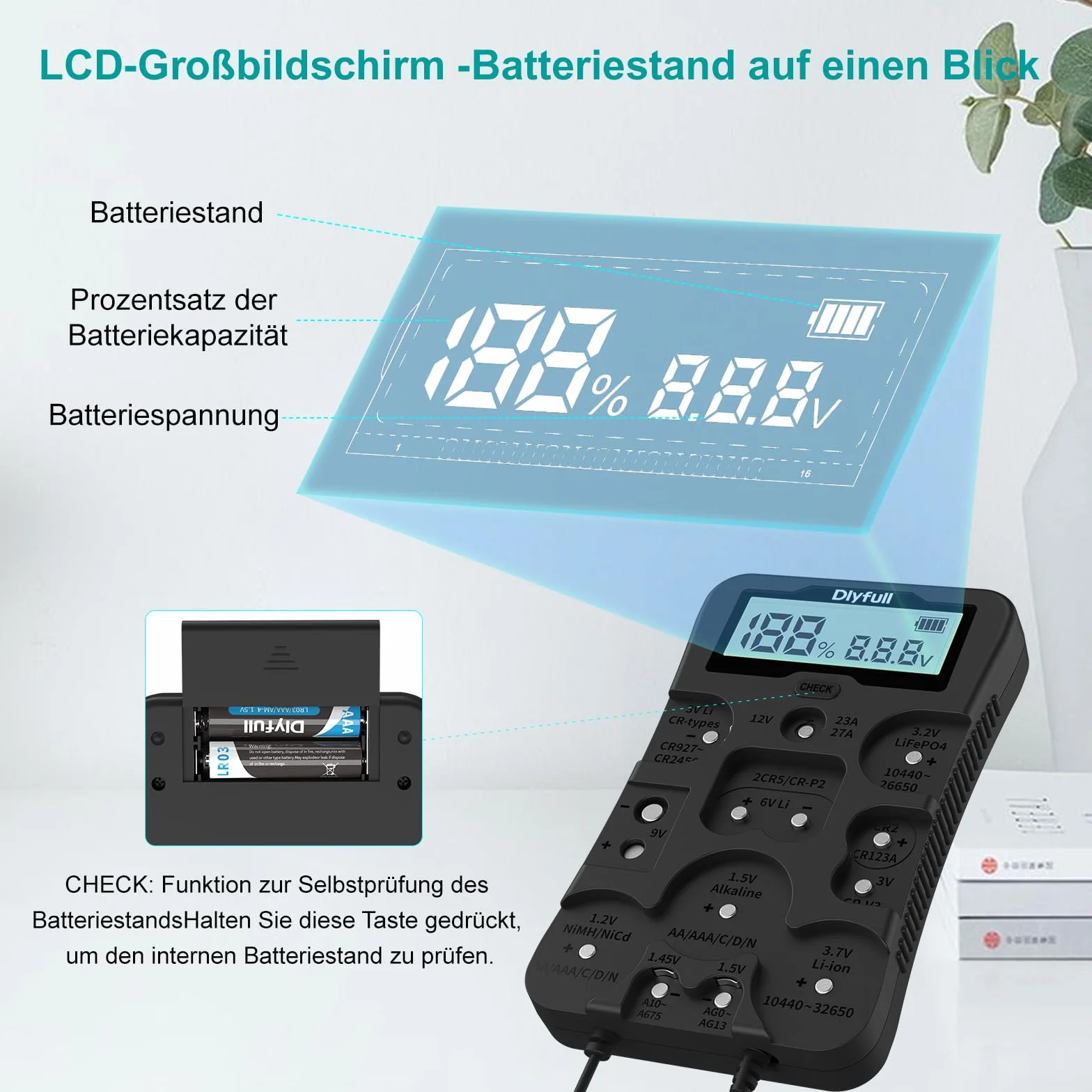 Dlyfull Tester Universale per Batterie AAA AA C D 9V CR123A CR2032 Display LCD 1,5V 3V