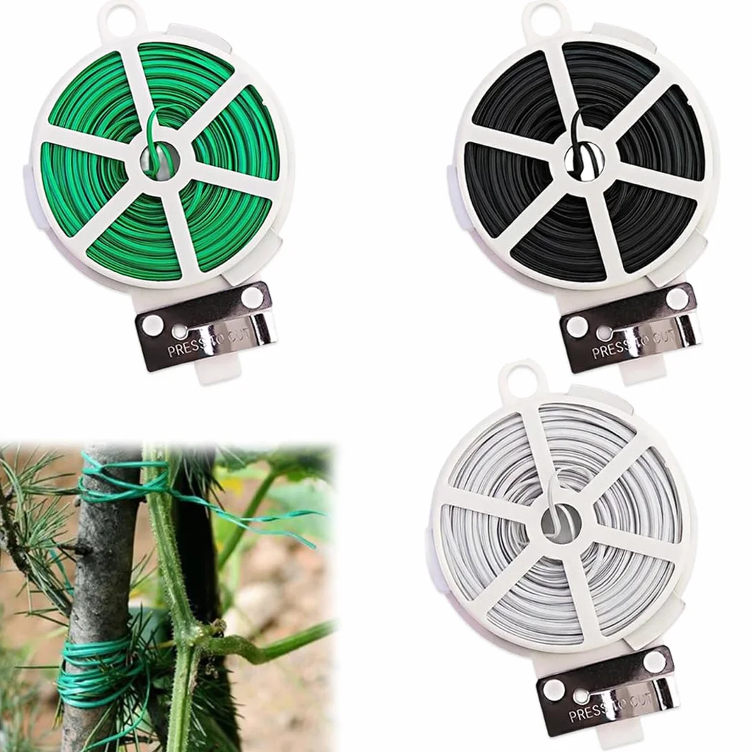 3x30m Filo di Ferro Plastificato - Legacci per Piante e Pomodori, Filo Legatura con Taglierino e Supporto, Resistente UV, Modellabile, per Giardino, Cavi e Fai da Te – Verde, Bianco, Nero