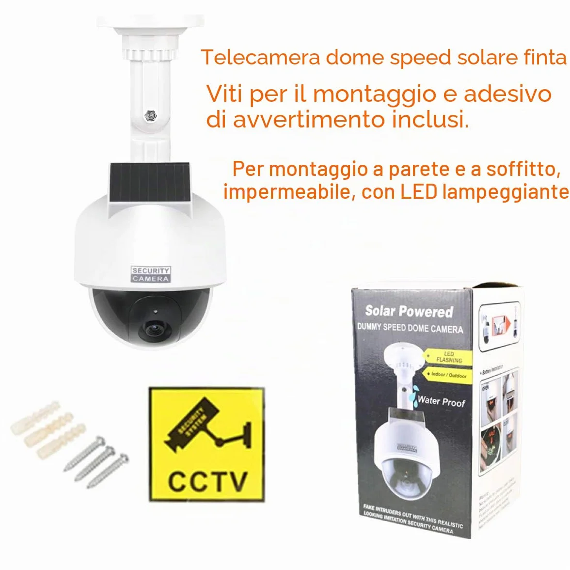 O&W Security Dome Telecamera di sorveglianza solare finta per esterni con LED rossa