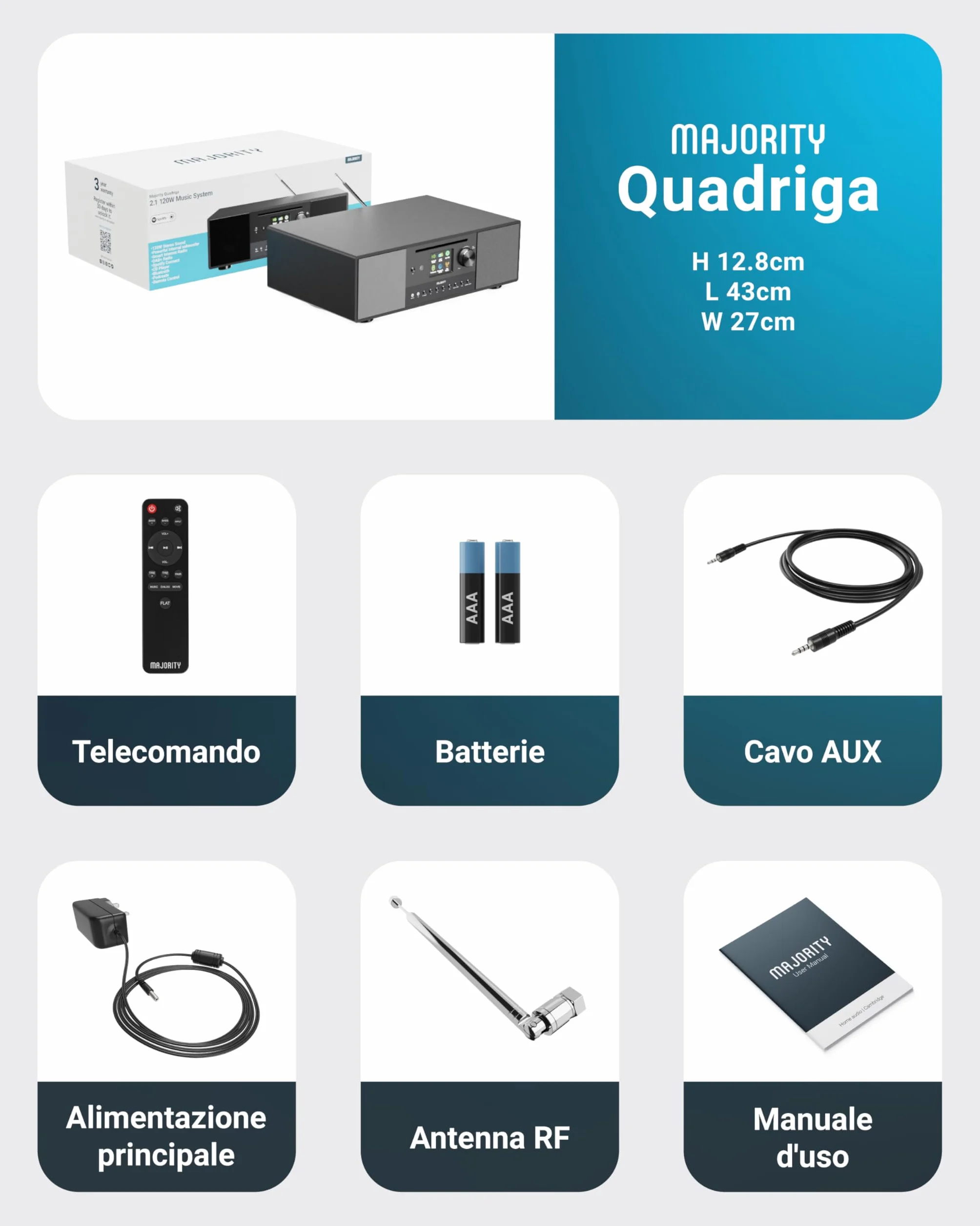 Majority Quadriga Internet Radio Lettore CD Hi Fi DAB+ Impianto Stereo Casa 120W 2.1 Bluetooth Wifi Spotify Connect