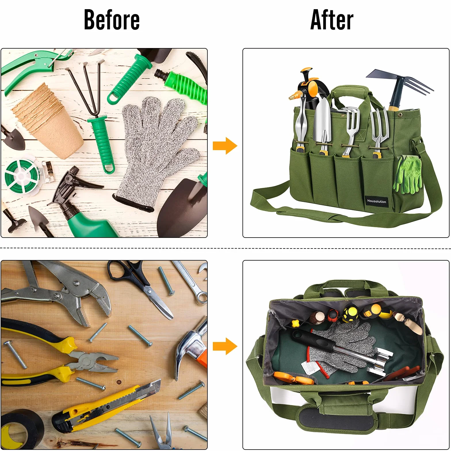 Housolution Borsa Portaoggetti da Giardino con Tracolla Regolabile, Borsa per Attrezzi da Giardinaggio con Manico in Poliestere 900D Multi-Tasca Porta Utensili Grande Capacità per Giardiniere, Verde