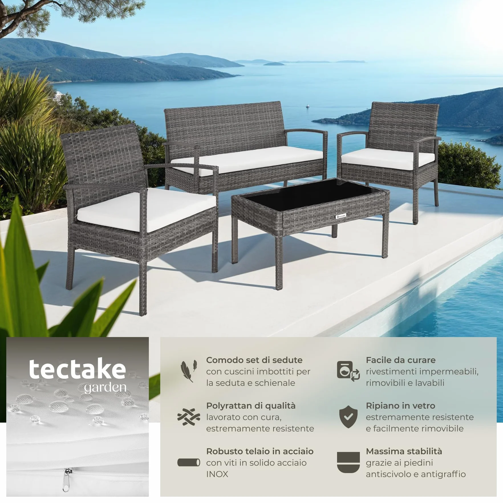 tectake® Set di Mobili in Rattan Sparta, Set Sedie, Panca, Tavolino Salotto con Lastra in Vetro, Comodi Cuscini Idrorepellenti, Ideale per Giardino, Terrazzo, Veranda - Grigio