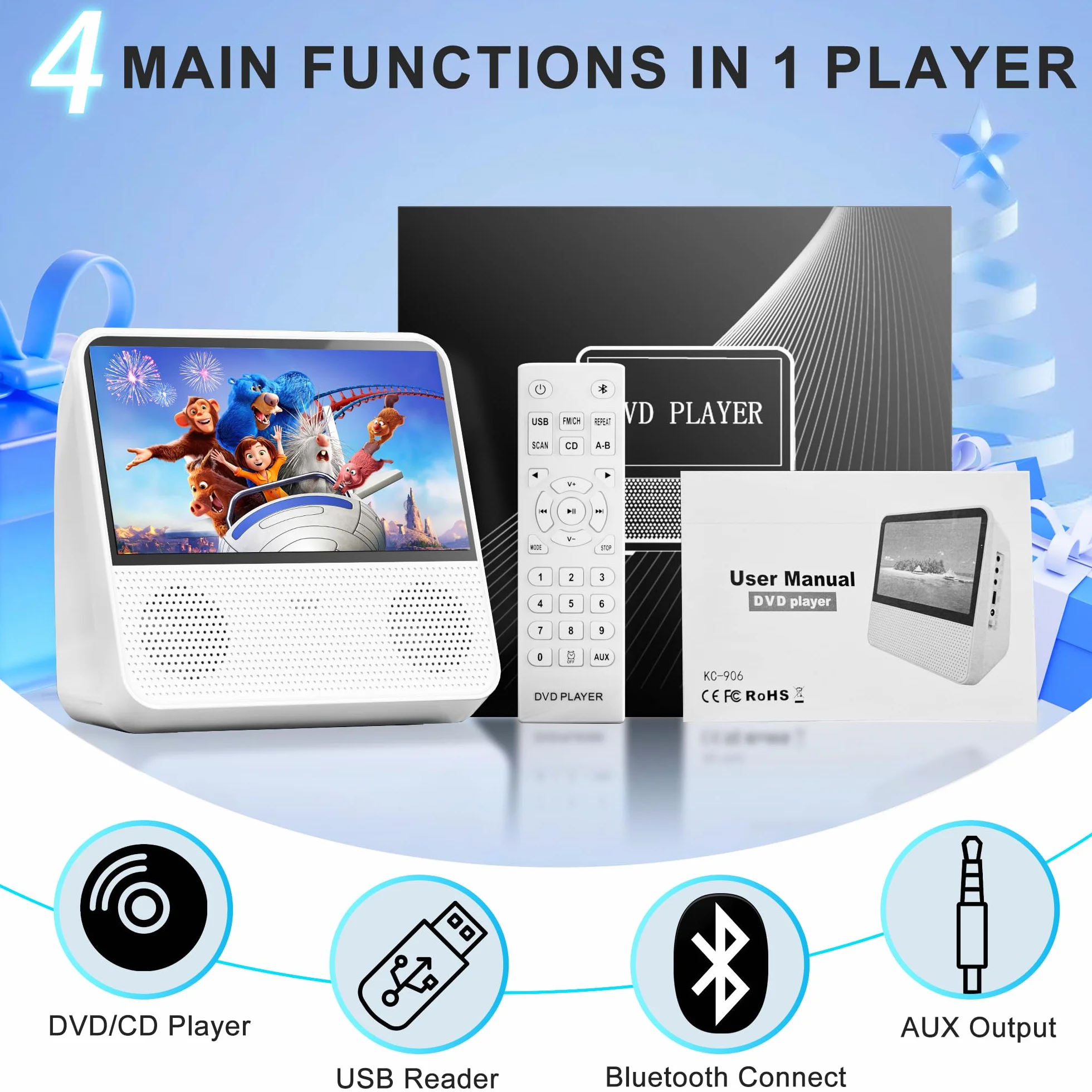 Lettore DVD Portatile Bluetooth 4000mAh Ricaricabile Region Free per Auto con Altoparlanti Integrati Doppi