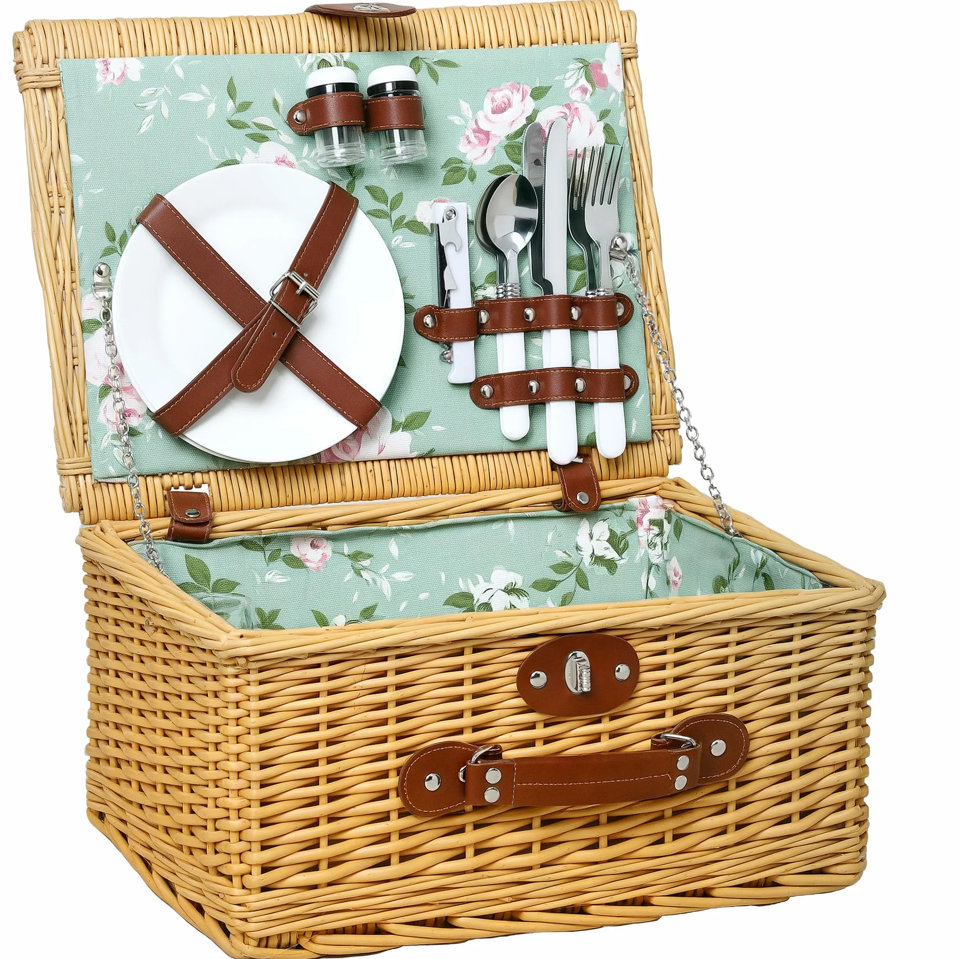 Outsunny Cestino da Picnic in Vimini per 2 Persone, Cesto Picnic con Manico, Piatti, Calici, Cavatappi, Tovaglioli e Posate, 40x30x20 cm, Marrone Chiaro