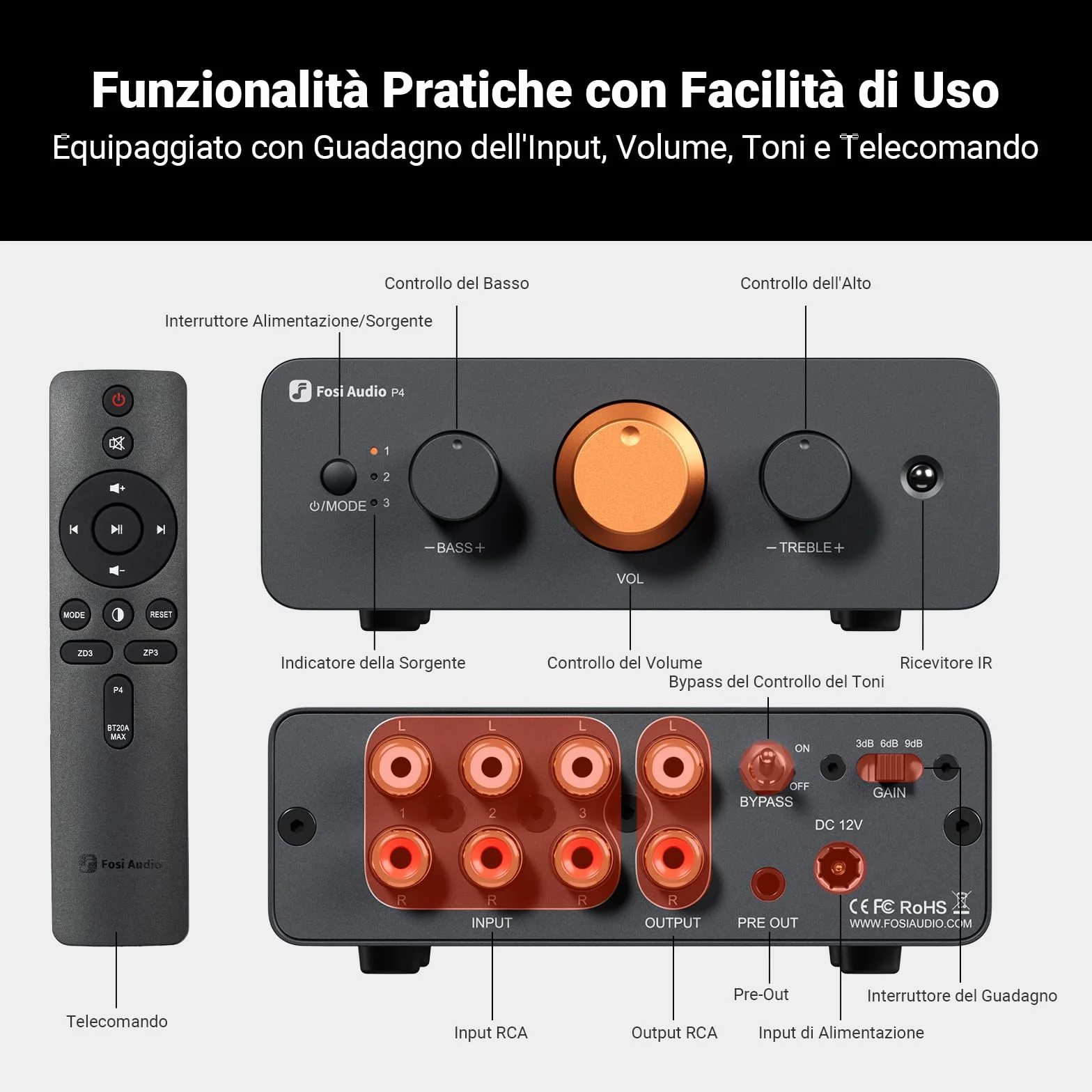 Fosi Audio P4 Mini Preamplificatore Stereo con 3 Ingressi RCA, Guadagno Regolabile 3/6/9 dB, Controlli Bassi e Alti