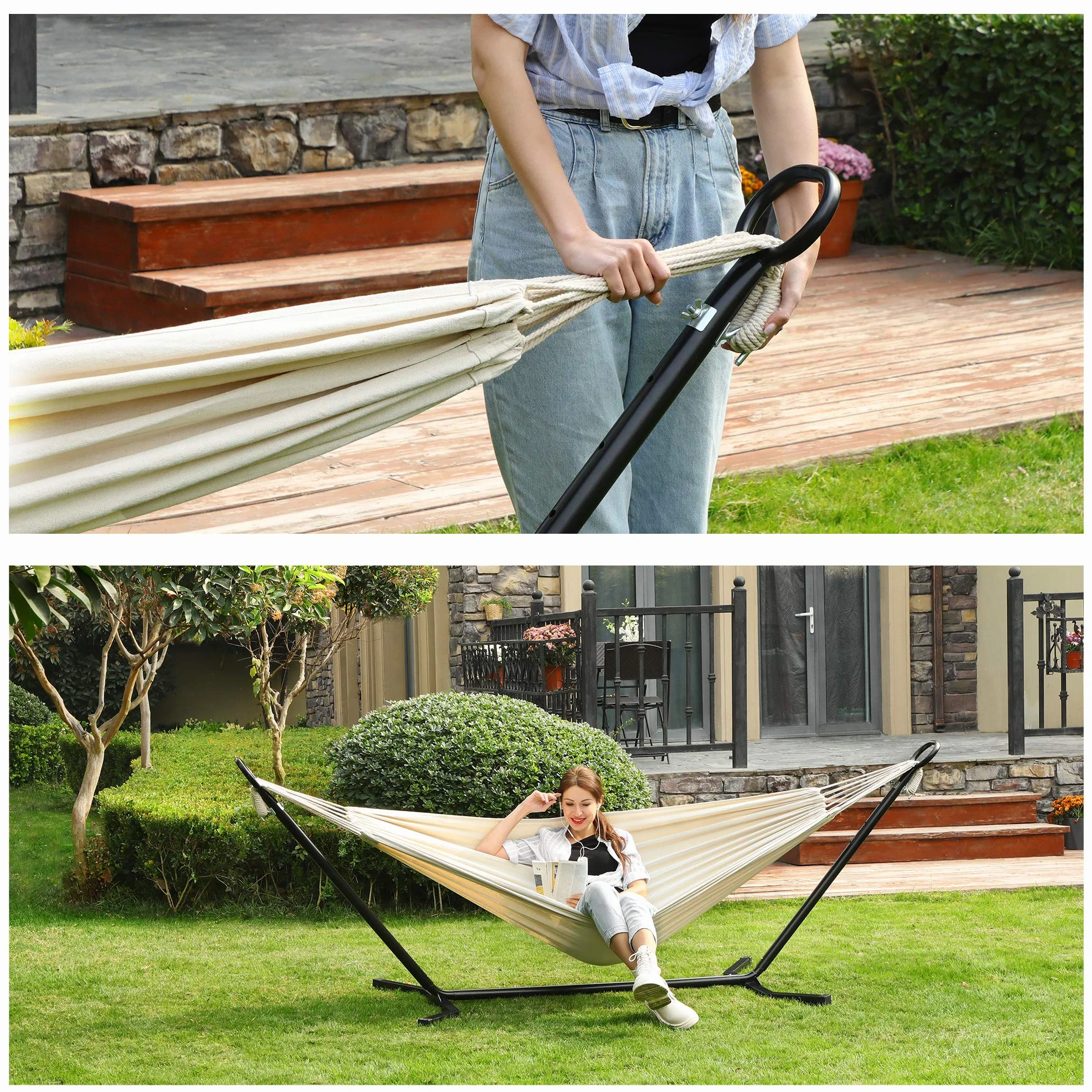 SONGMICS 210 x 150 cm Amaca con Stand Regolabile 5 Altezze, Capacità 240 kg, Metallo, Nero e Beige