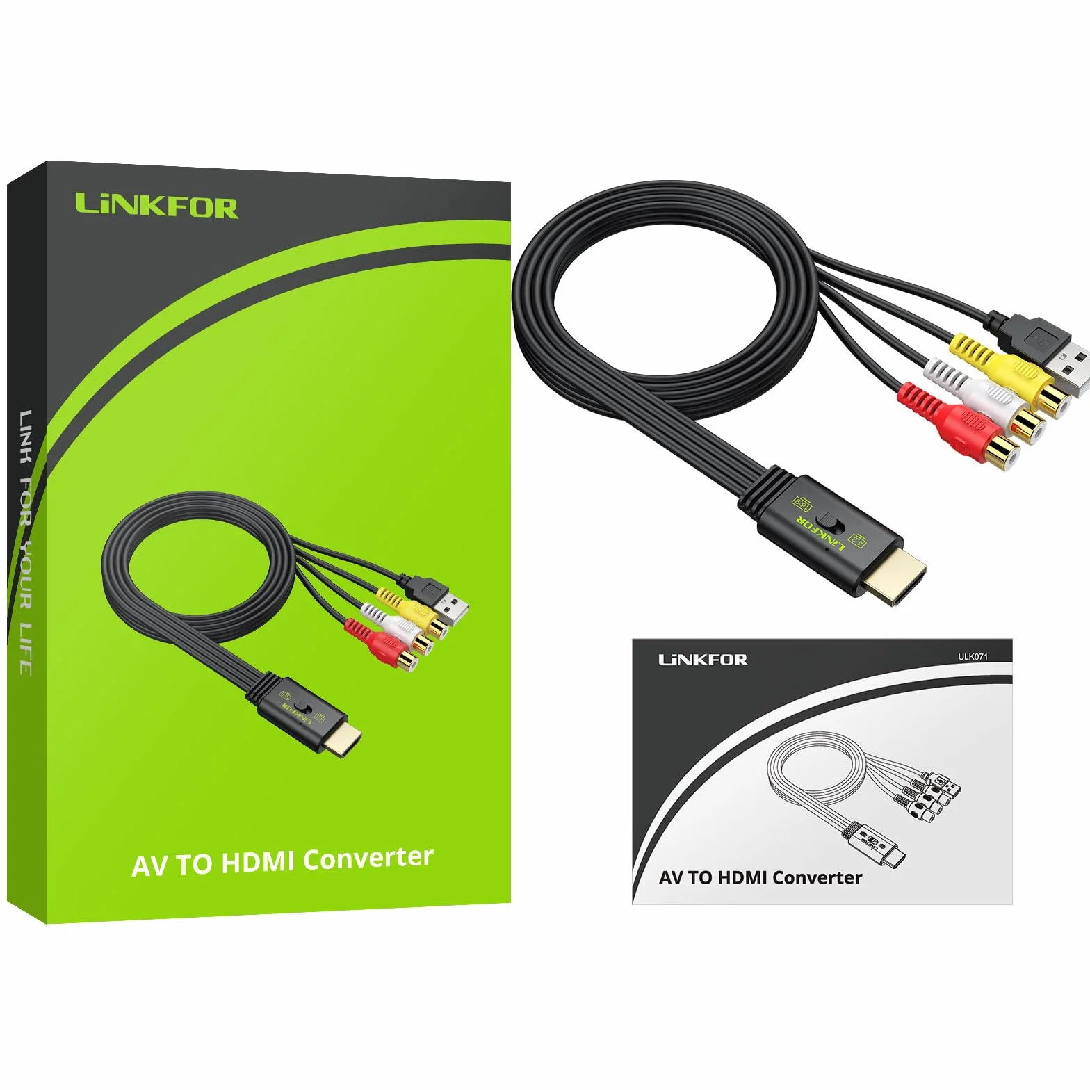 LiNKFOR Convertitore da RCA a HDMI 1080P 60Hz Adattatore Audio Video AV a HDMI Conversione HD per Console Retrò Wii PS1 PS2 N64