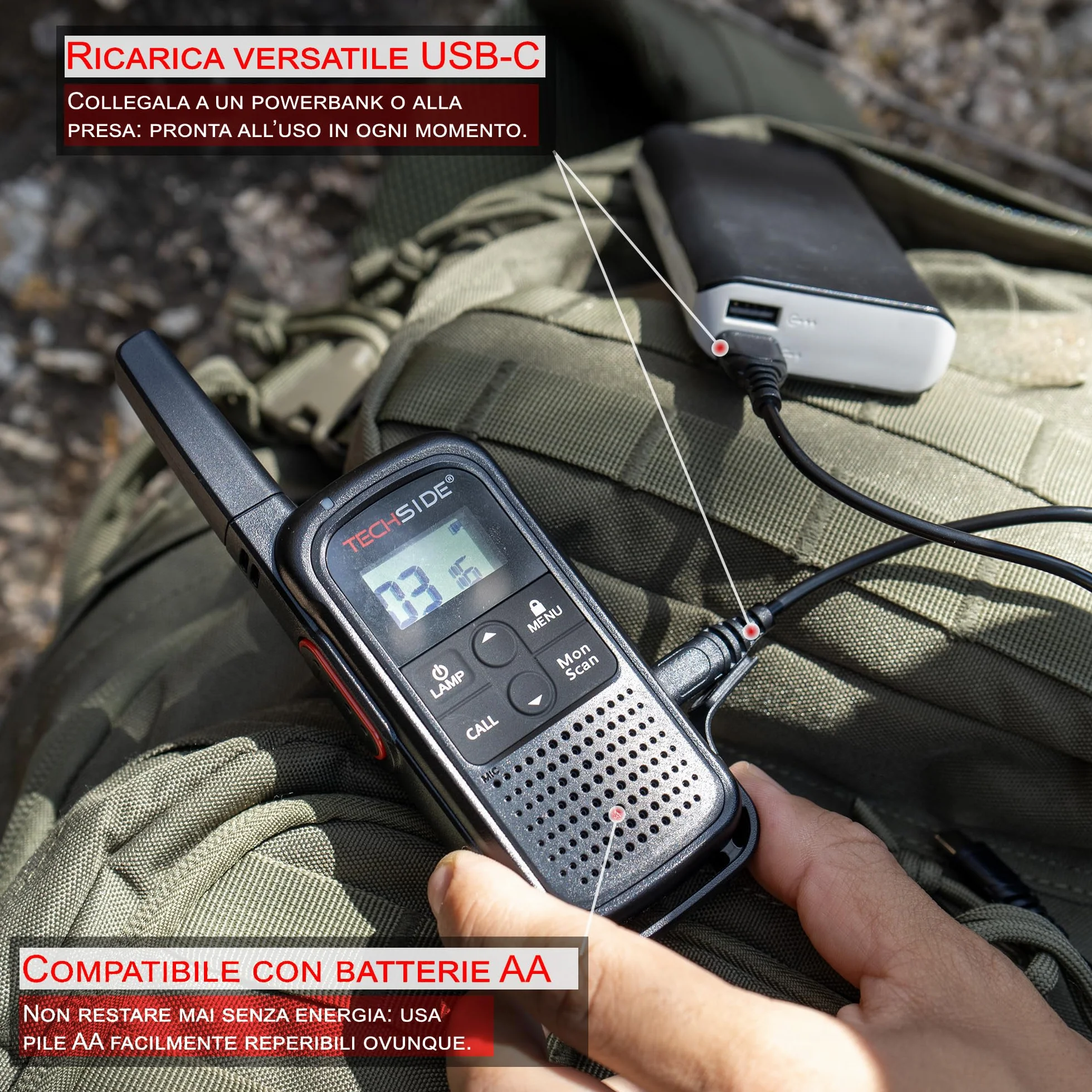TechSide TS-T3 Go Ricetrasmittente PMR446 16 Canali 10 km USB-C Torcia LED 2 Pezzi
