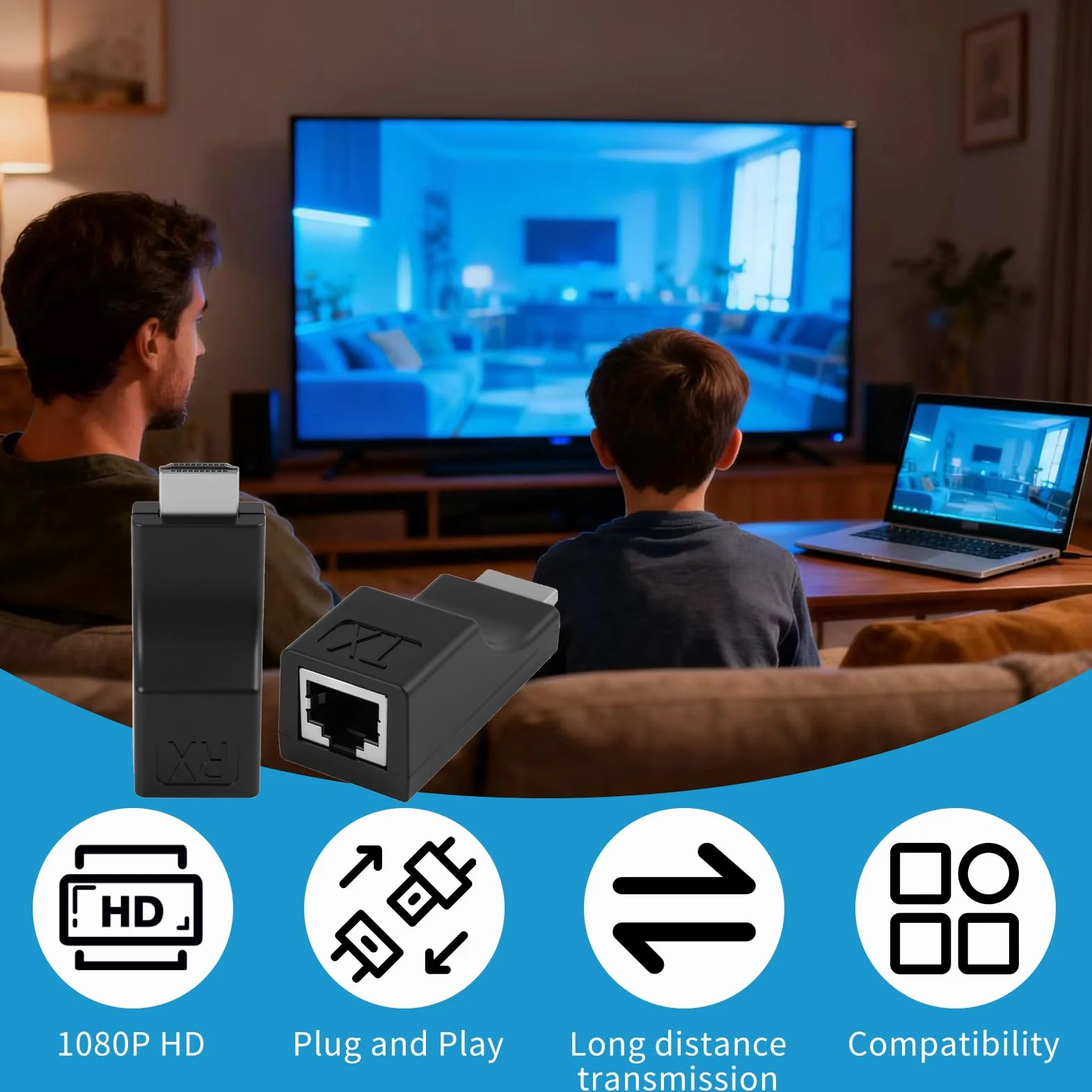 Convertitore HDMI Ethernet, Adattatore HDMI a RJ45 30m, Extender CAT6/CAT5E, Ripetitore Video 1080P Full HD