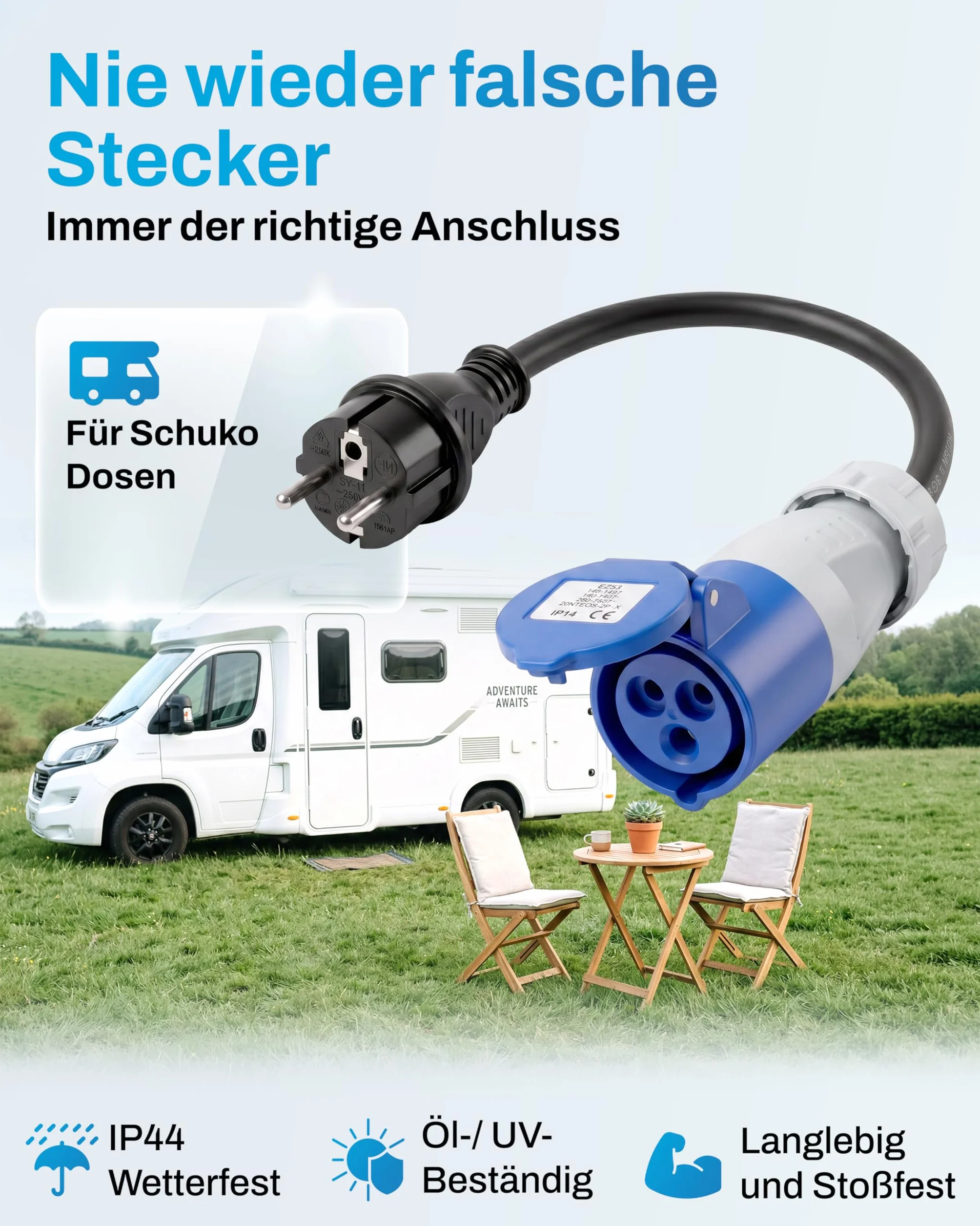 Adattatore CEE spina Schuko a presa CEE, cavo 'campeggio', cavo IP44, prolunga, H07RN-F 3G2,5, adattatore 16A