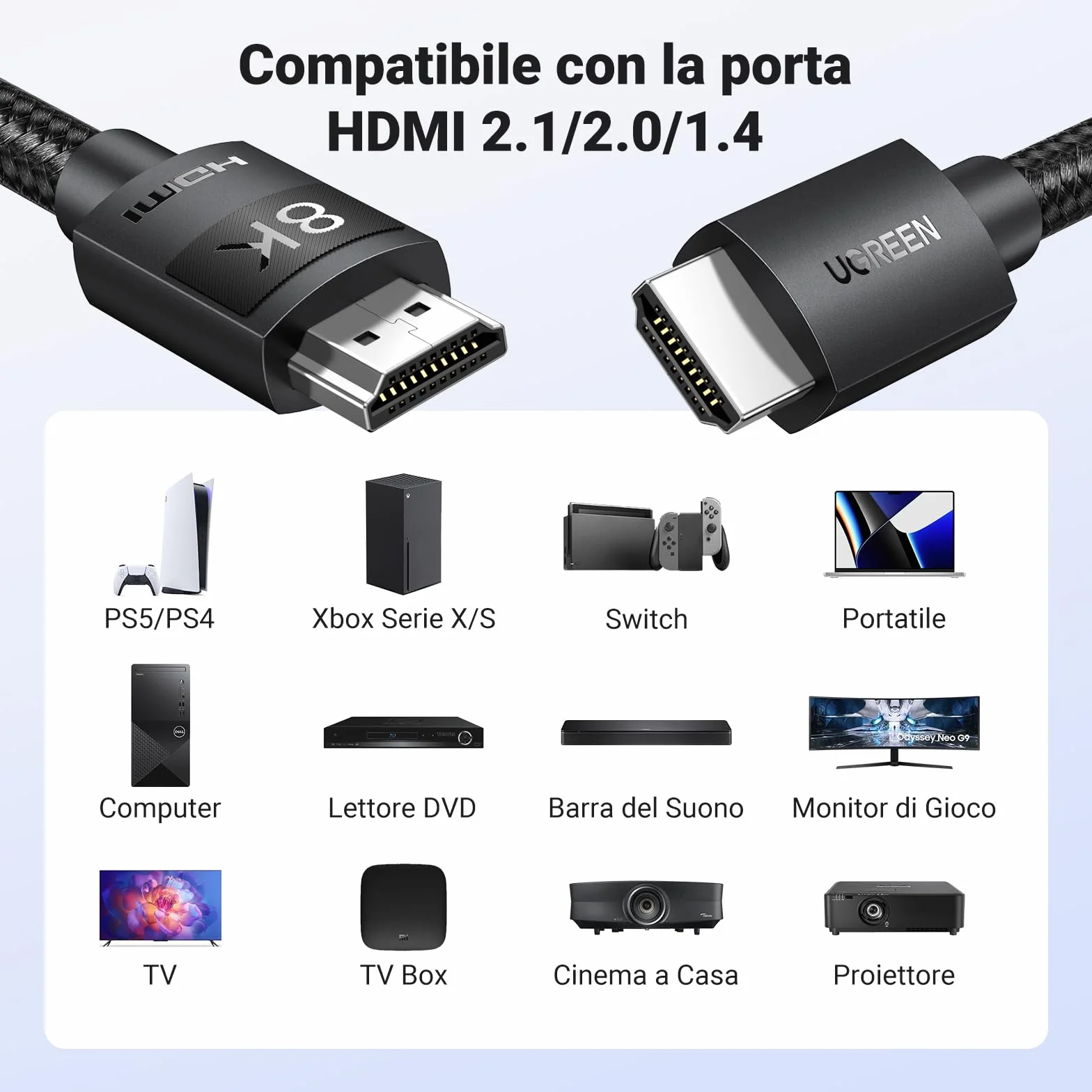 UGREEN Cavo HDMI 2.1 Certificato 8K 48Gbps 4K 120Hz eARC HDCP2.3 HDR Dolby Atmos VRR Nylon Intrecciato 2M