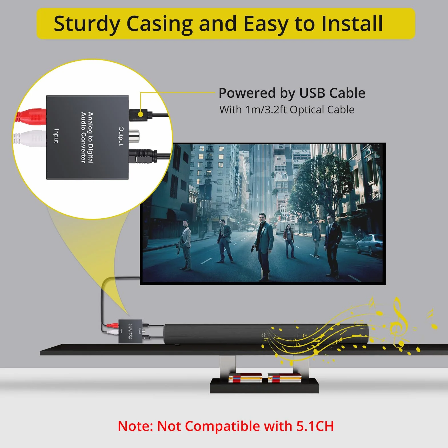 PROZOR Convertitore Audio Analogico a Digitale RCA Jack 3.5mm AUX a Toslink Ottico Coassiale con Cavo Ottico OD 4.0 per PS3 Blu-ray HD DVD AV