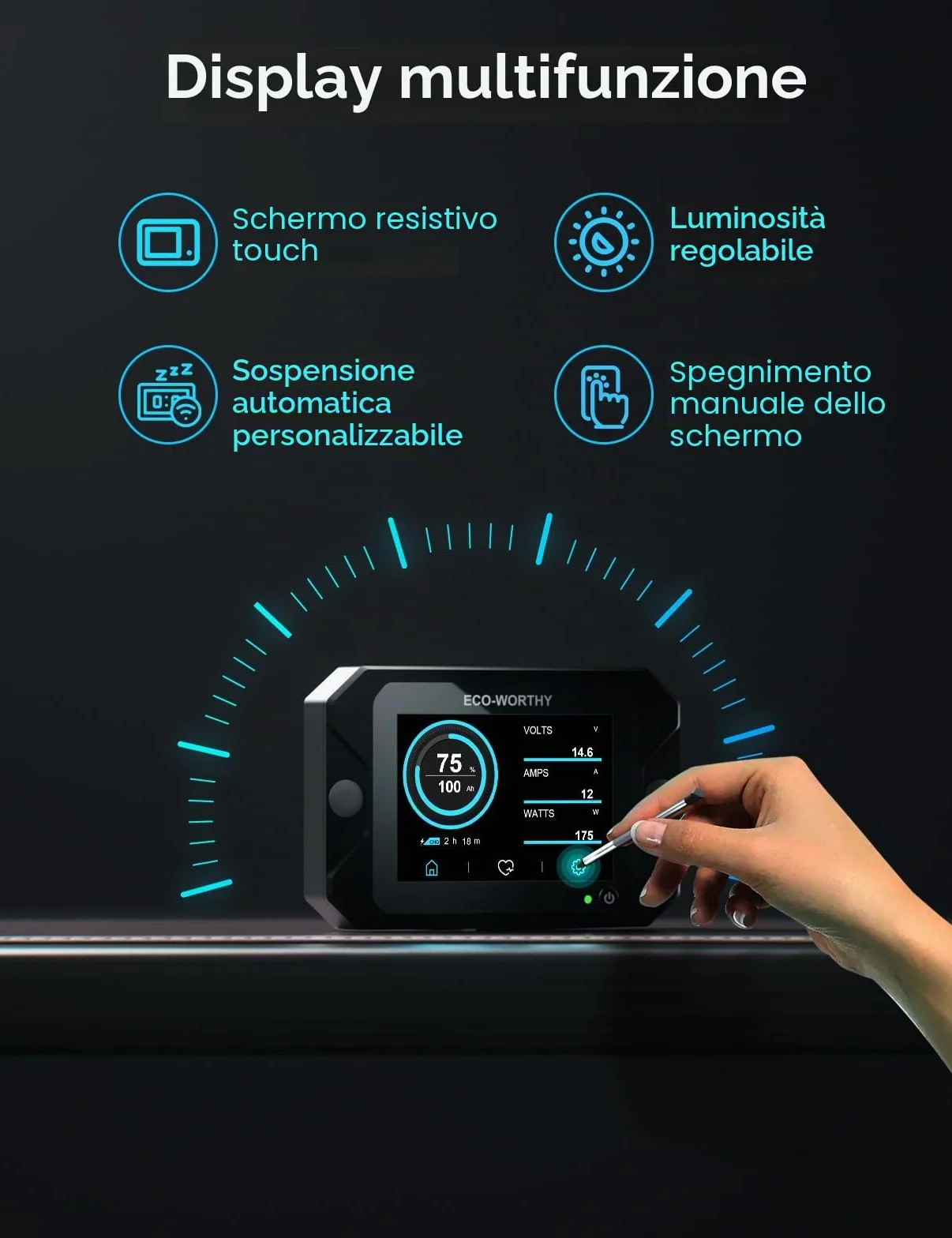 ECO-WORTHY Monitor della batteria 300 A 12V/24V/36V/48V display touchable allarme 9-80V LiFePO4 gel camper impianti solari