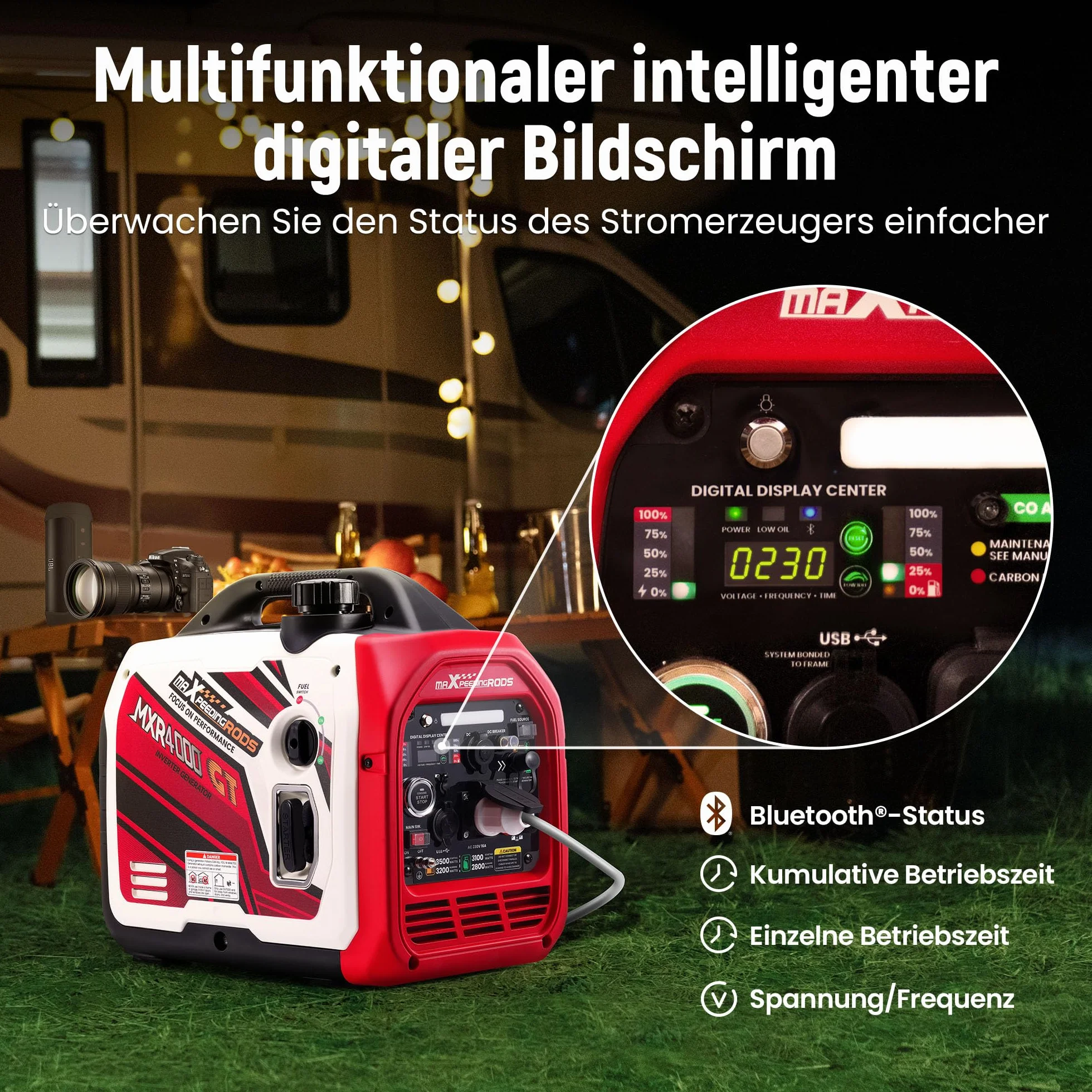 maXpeedingrods Generatore di Corrente Silenziato GPL e Benzina 3500W Inverter con App Bluetooth® Telecomando Portatile 4 Tempi Generatore Emergenza per all'Aperto Campeggio Partito Cantiere Garage