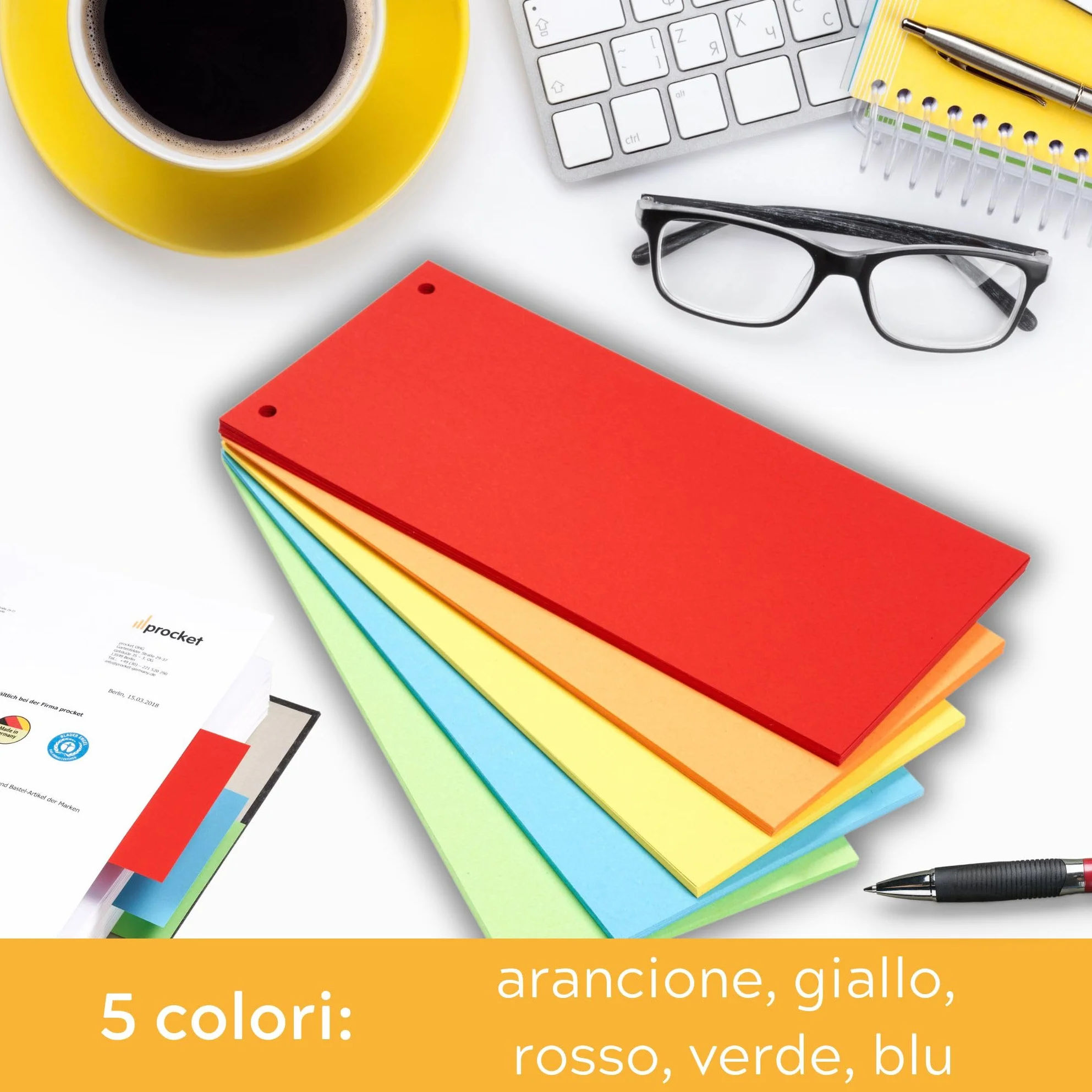 Strisce divisori raccoglitori ad anelli A4, classificatori per documenti ufficio in cartone riciclato, Made in Germany, 5 colori