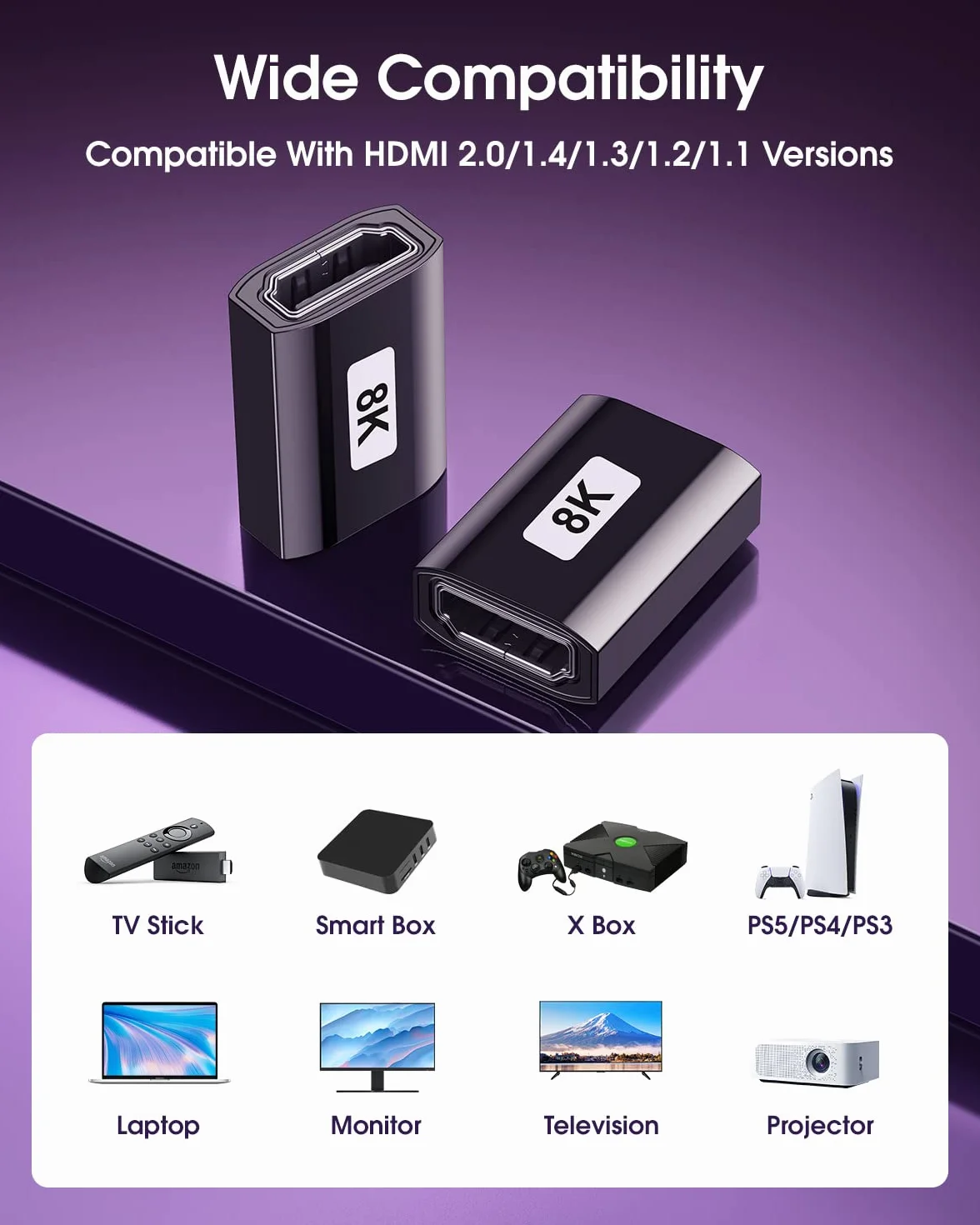 ANDTOBO Adattatore HDMI 8K 2.1 Femmina Femmina Prolunga 8K/4K@60Hz UHD eARC 2 Pezzi