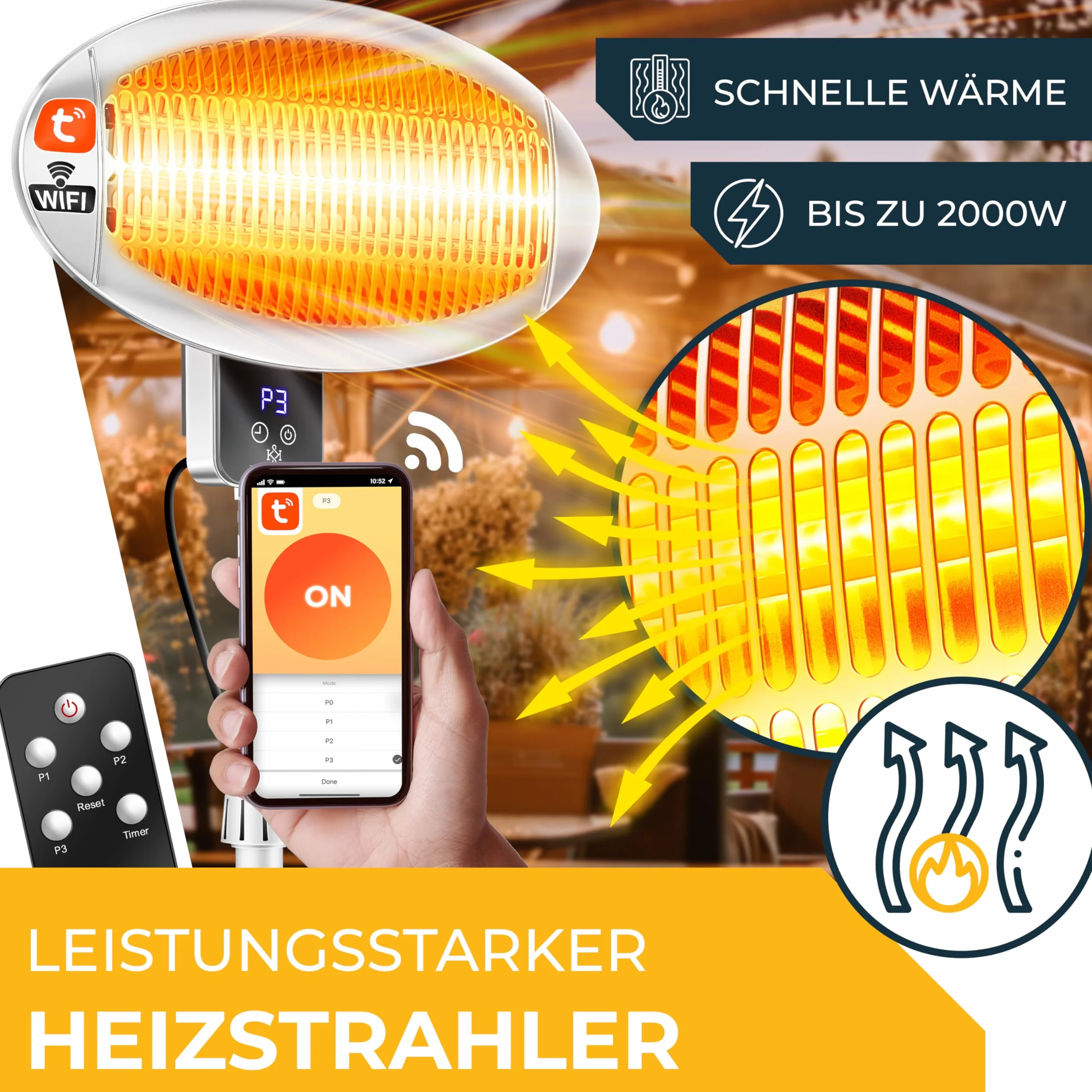 KESSER® Radiatore a Infrarossi 2000W con WIFI e Telecomando 360° Girevole, IPX4