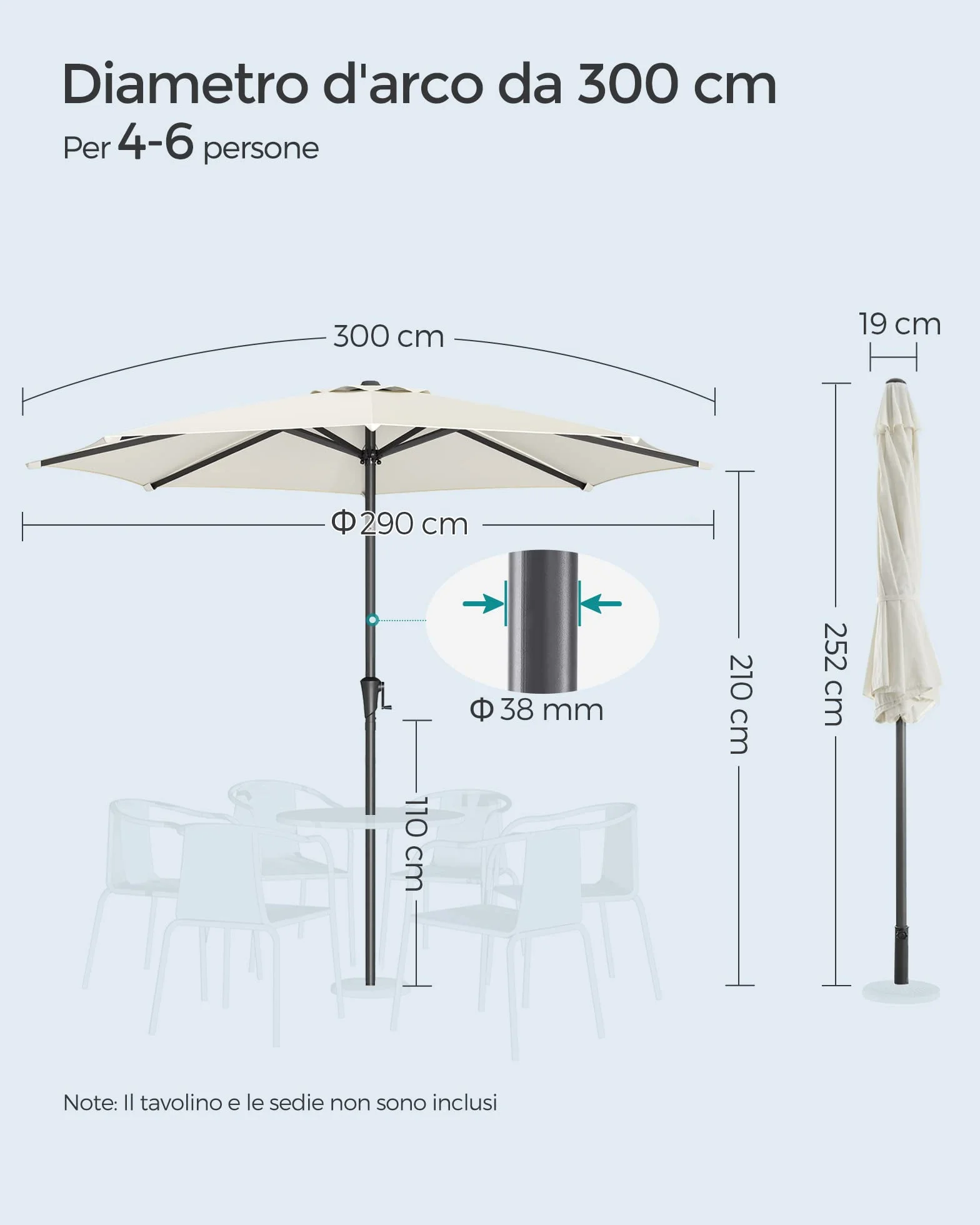 SONGMICS Ombrellone da Giardino 300 cm, UPF 50+, Parasole, Inclinazione Bidirezionale a 30°, Manovella per Apertura/Chiusura, Esterno Terrazzo Balcone Piscina, senza Base, Beige GPU30BE