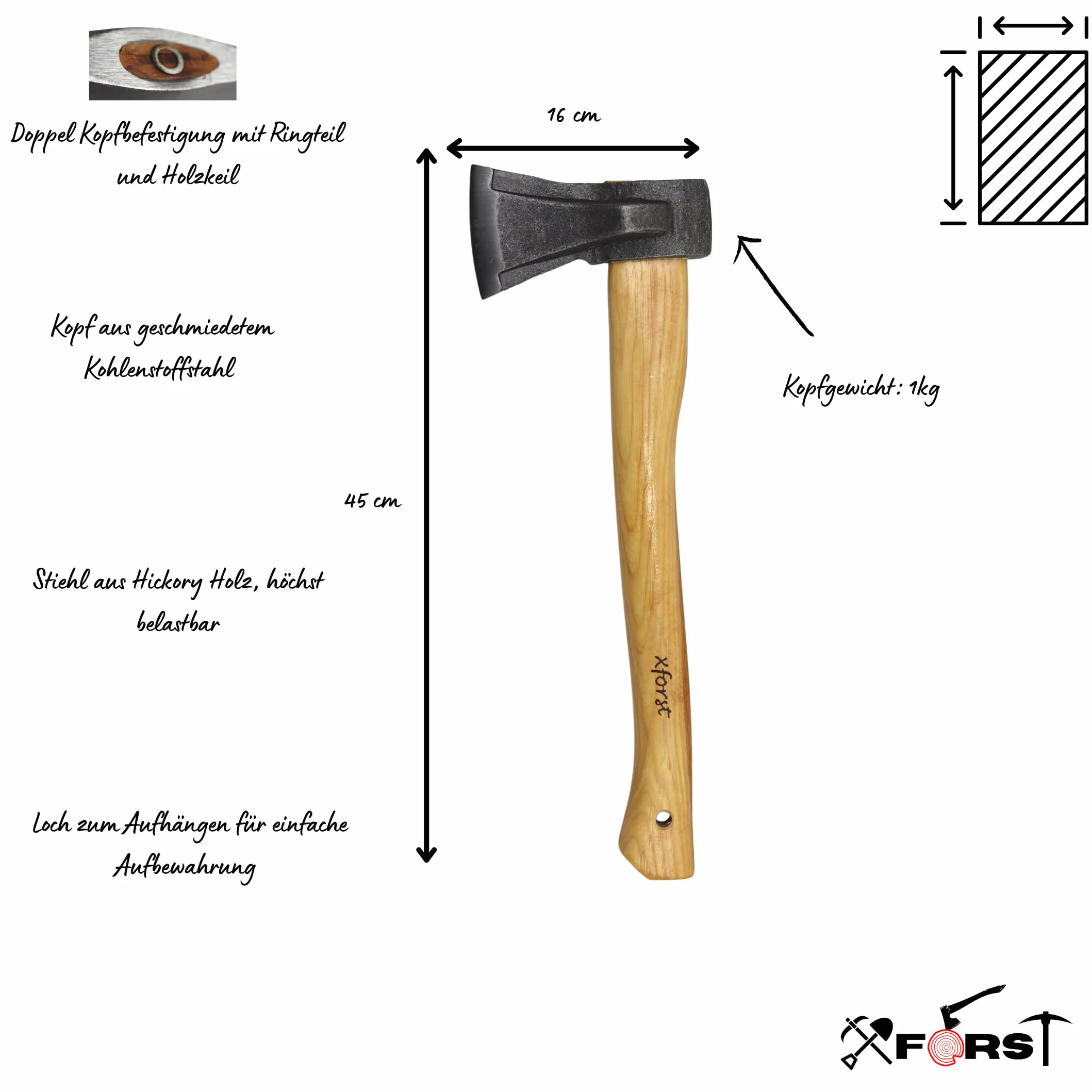 Ascia Xforst X-AG2 accetta in acciaio al carbonio forgiato da spacco forestale manico legno frassino 45 cm 1,3 kg