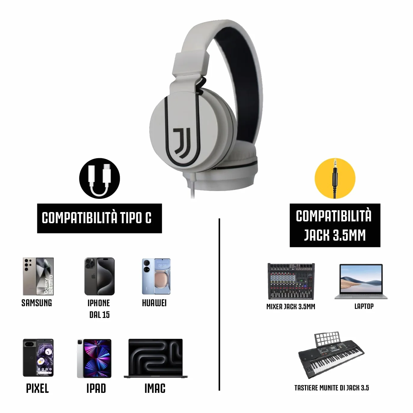 Juventus Football Cuffia On-Ear z mikrofonem, kabel aux, biało-czarna, adapter USB-C