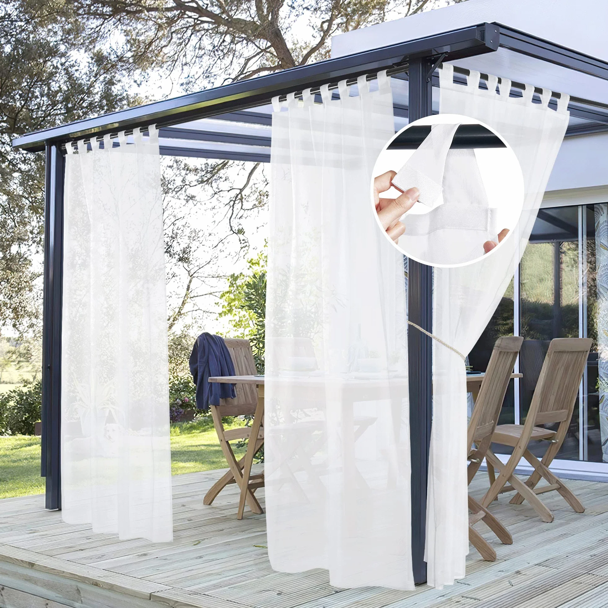 PONY DANCE Tende Bianche per Esterno Impermeabili 2 Pezzi L137 x A213 CM Tende da Sole per Esterno con Passanti Adesivi Voile Curtains Trasparenti per Balcone