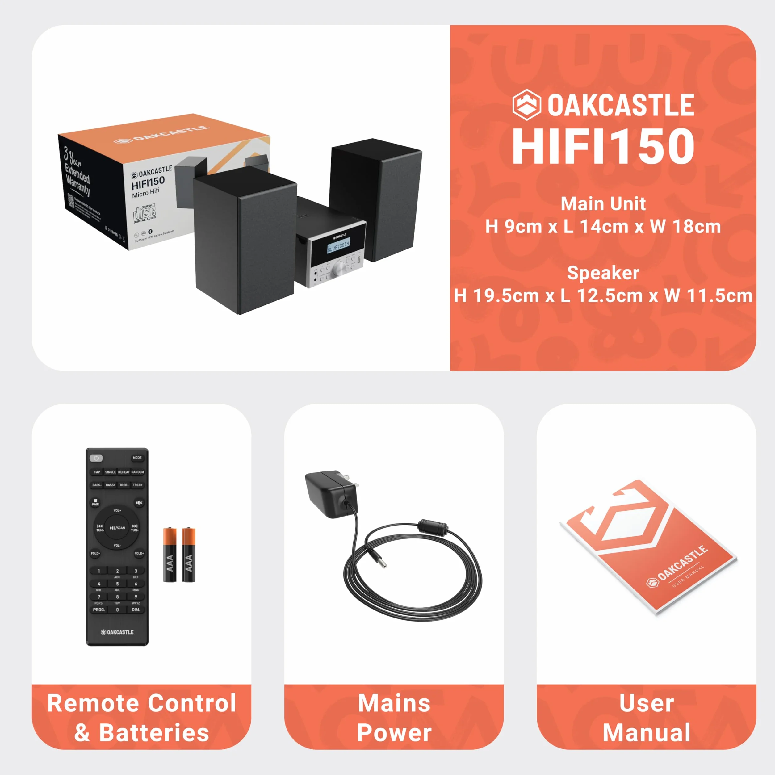 OAKCASTLE HIFI150 Stereo Bluetooth 5.2 HiFi System 20W CD Player FM Radio Wooden Compact