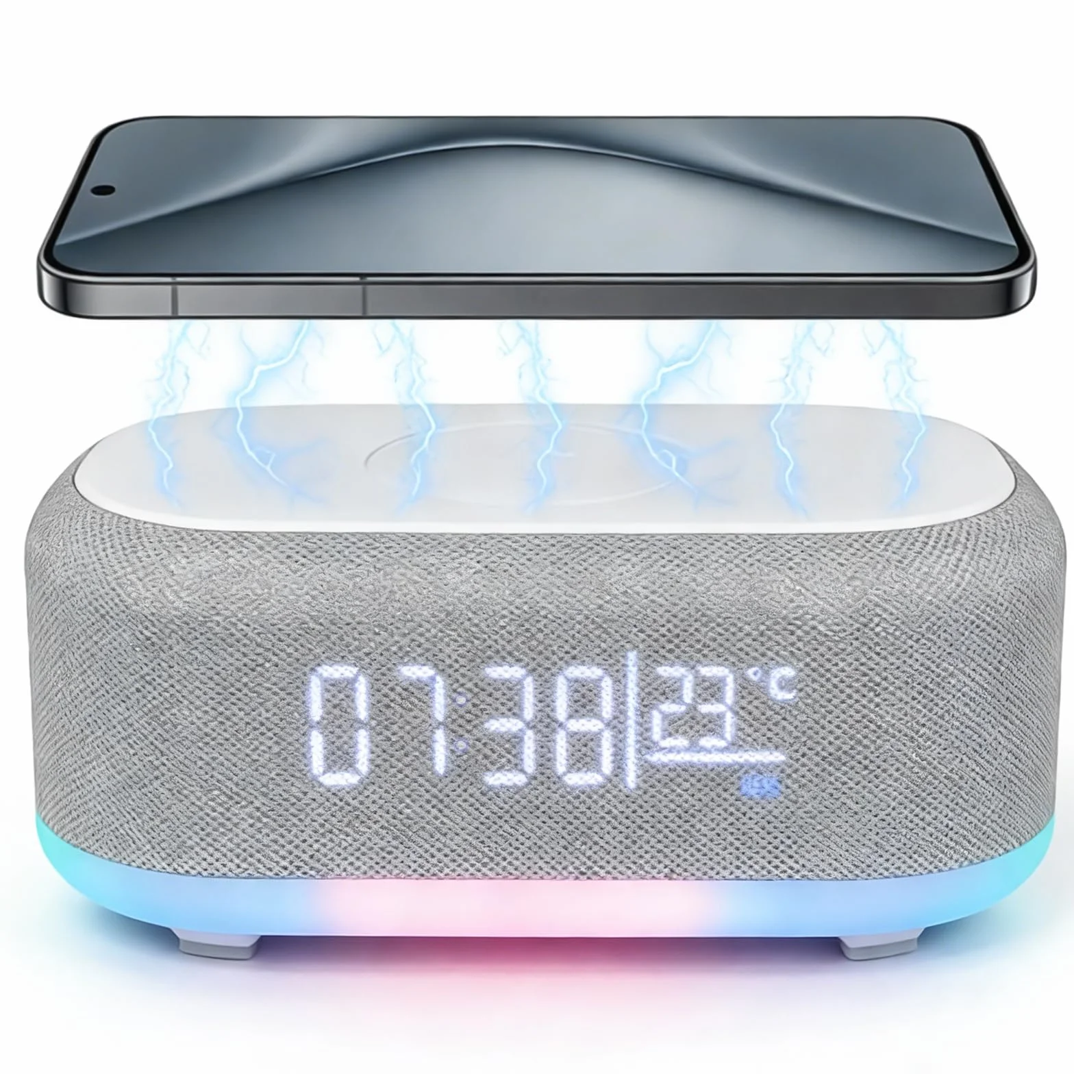 Radiosveglia Digitale con Stazione di Ricarica Wireless 15W, Sveglia Bluetooth, Luce Notturna 9 Colori, Caricatore USB