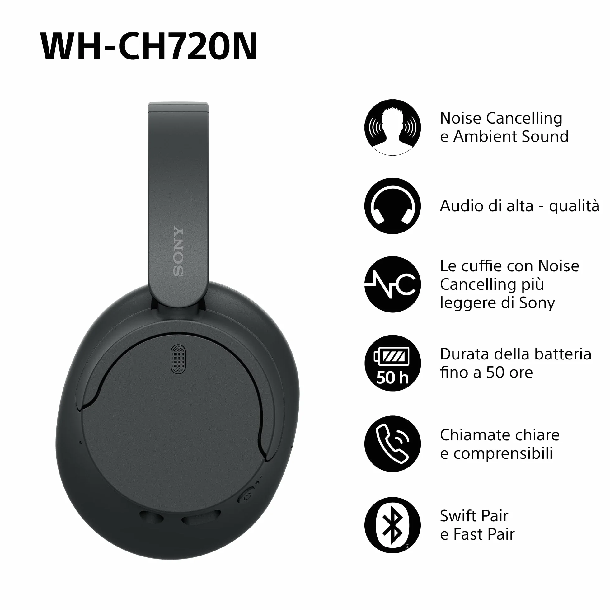 Sony WH-CH720N Cuffie Wireless Noise Cancelling Multipoint 35h Batteria Ricarica Rapida Nero