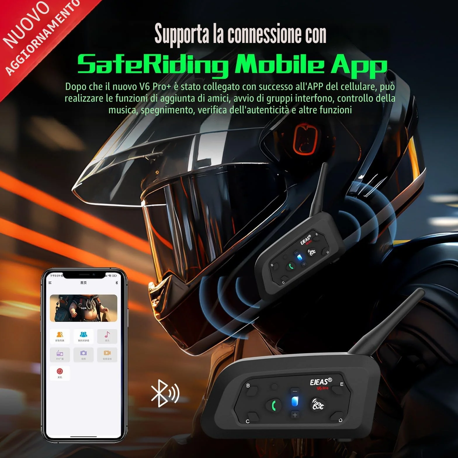 EJEAS V6 Pro+ Interfono Bluetooth per Casco Moto, Sistema di Comunicazione Bluetooth 5.1, Interfaccia Tipo C, 2 Confezione