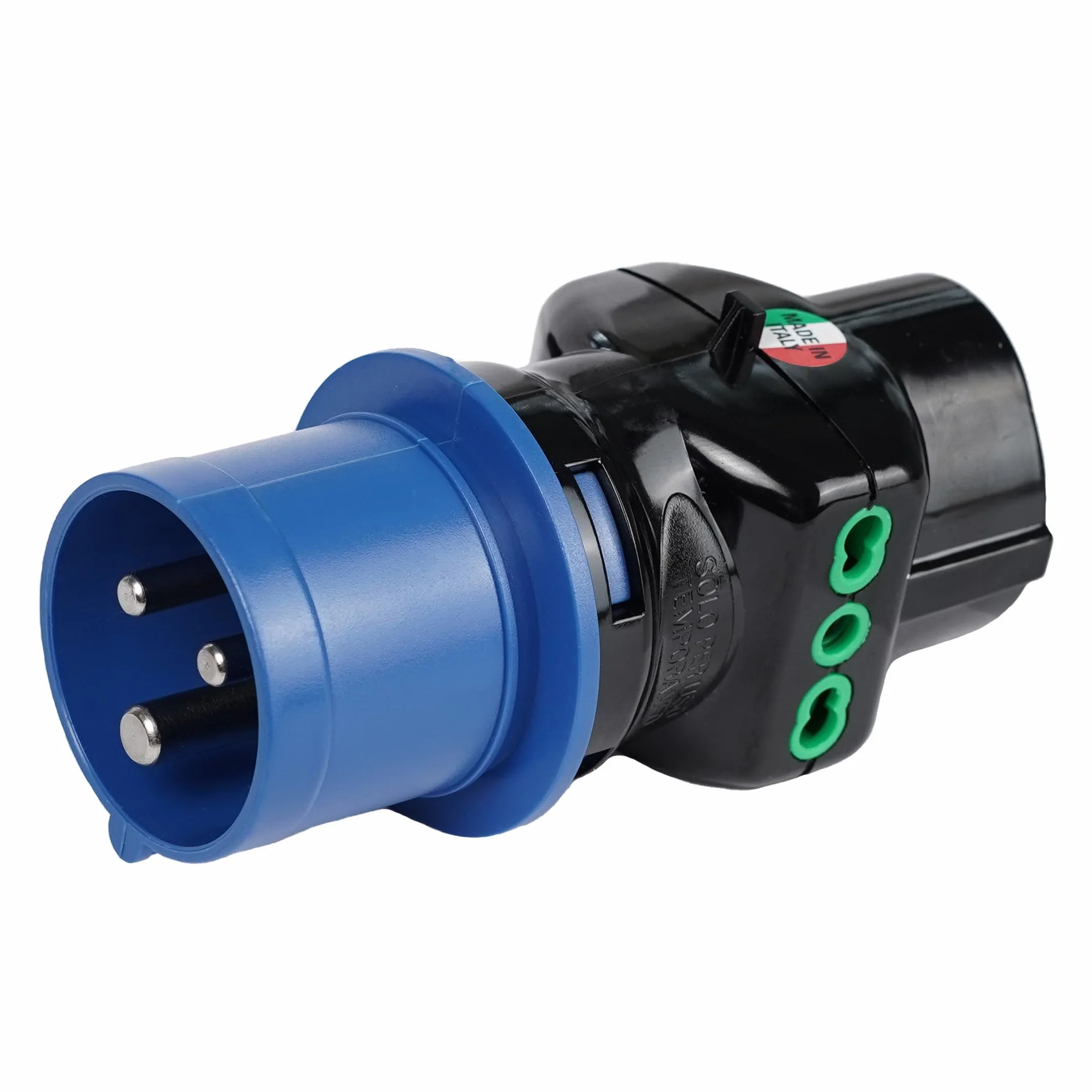 FANTON 78090-E Adattatore industriale, spina 2P+T 16A 200-250V 6h IP44, 2 prese bipasso italiane 2P+T 16A, 1 presa bipasso italo/tedesca 2P+T 16A