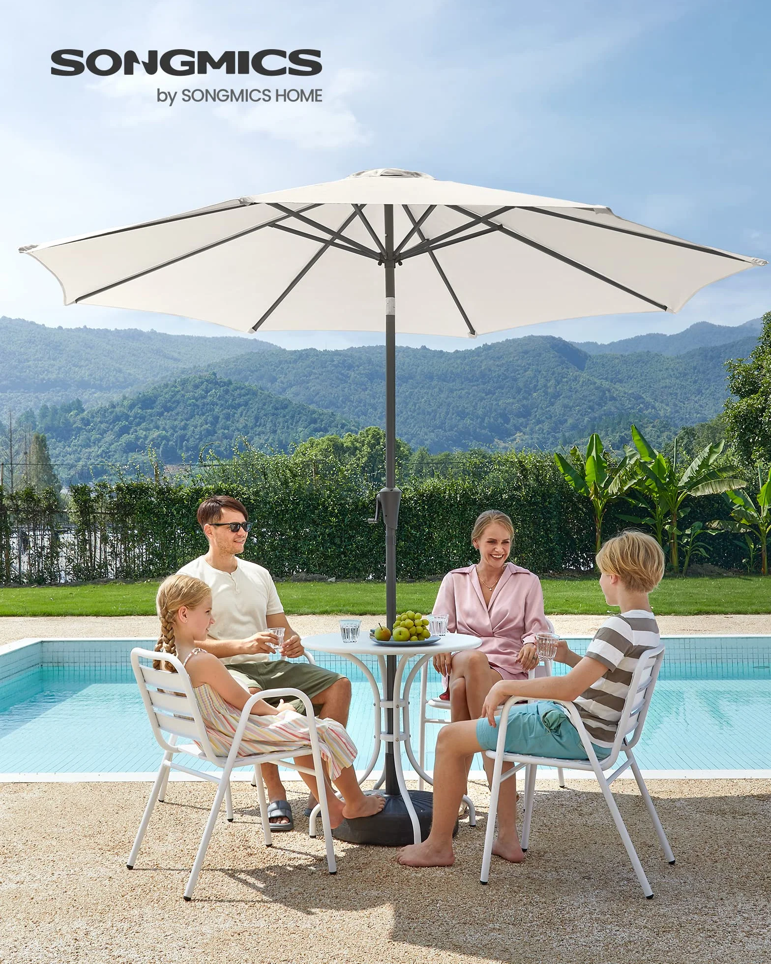 SONGMICS Ombrellone da Giardino 300 cm, UPF 50+, Parasole, Inclinazione Bidirezionale a 30°, Manovella per Apertura/Chiusura, Esterno Terrazzo Balcone Piscina, senza Base, Beige GPU30BE
