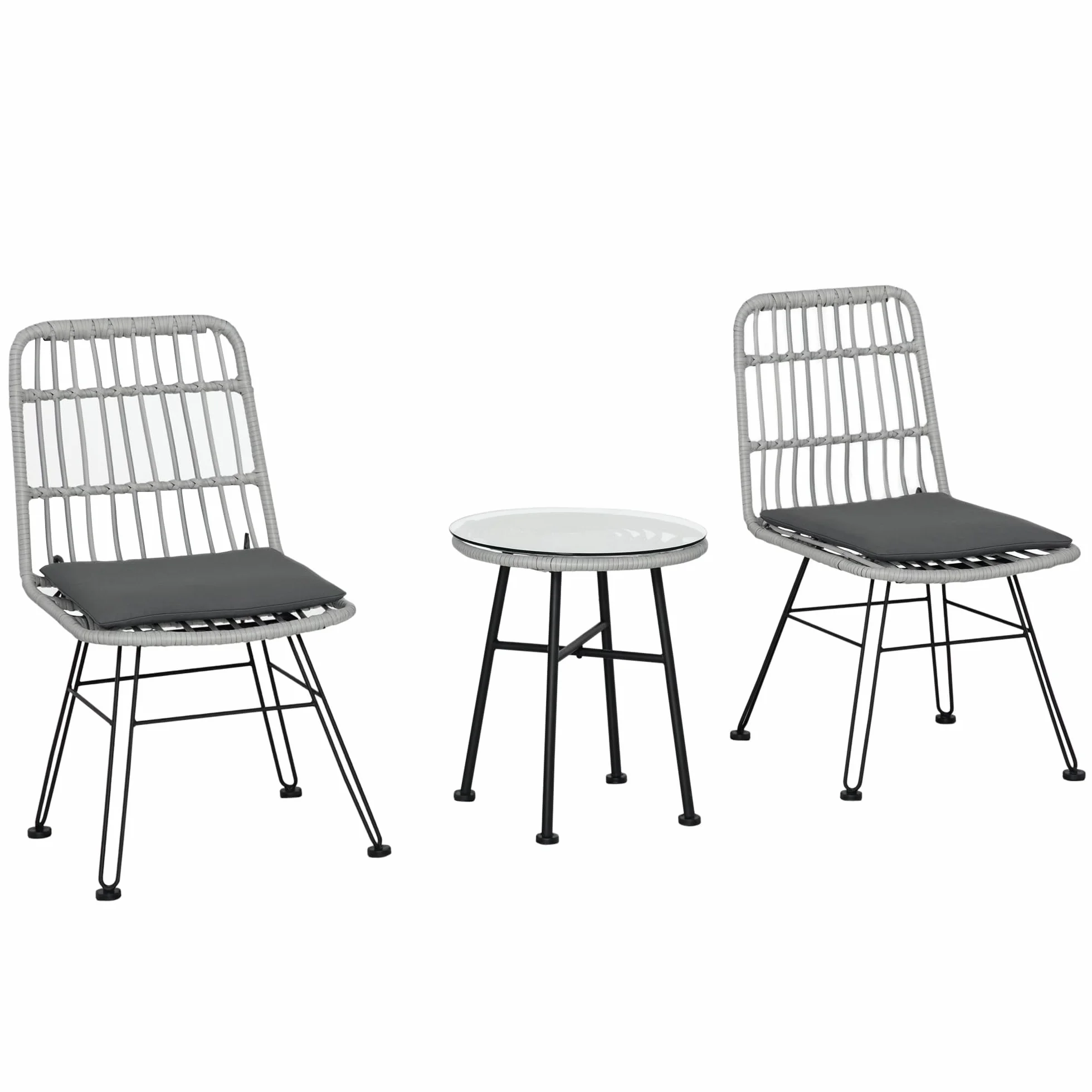 Outsunny Set di Tavolo e Sedie da Giardino da 3 Pezzi in Rattan PE e Acciaio, Set Bistrò da Giardino con Tavolino da Caffè con Piano in Vetro e 2 Sedie, per Balcone Patio Cortile Esterno, Grigio