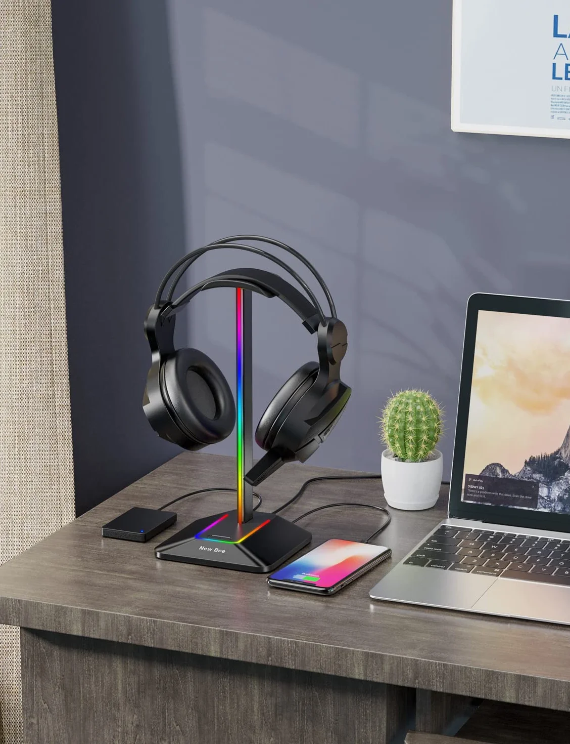 New Bee Supporto Porta Cuffie da Gioco RGB USB-C Caricabatterie Trasferimento Dati Universale Scrivania Nero