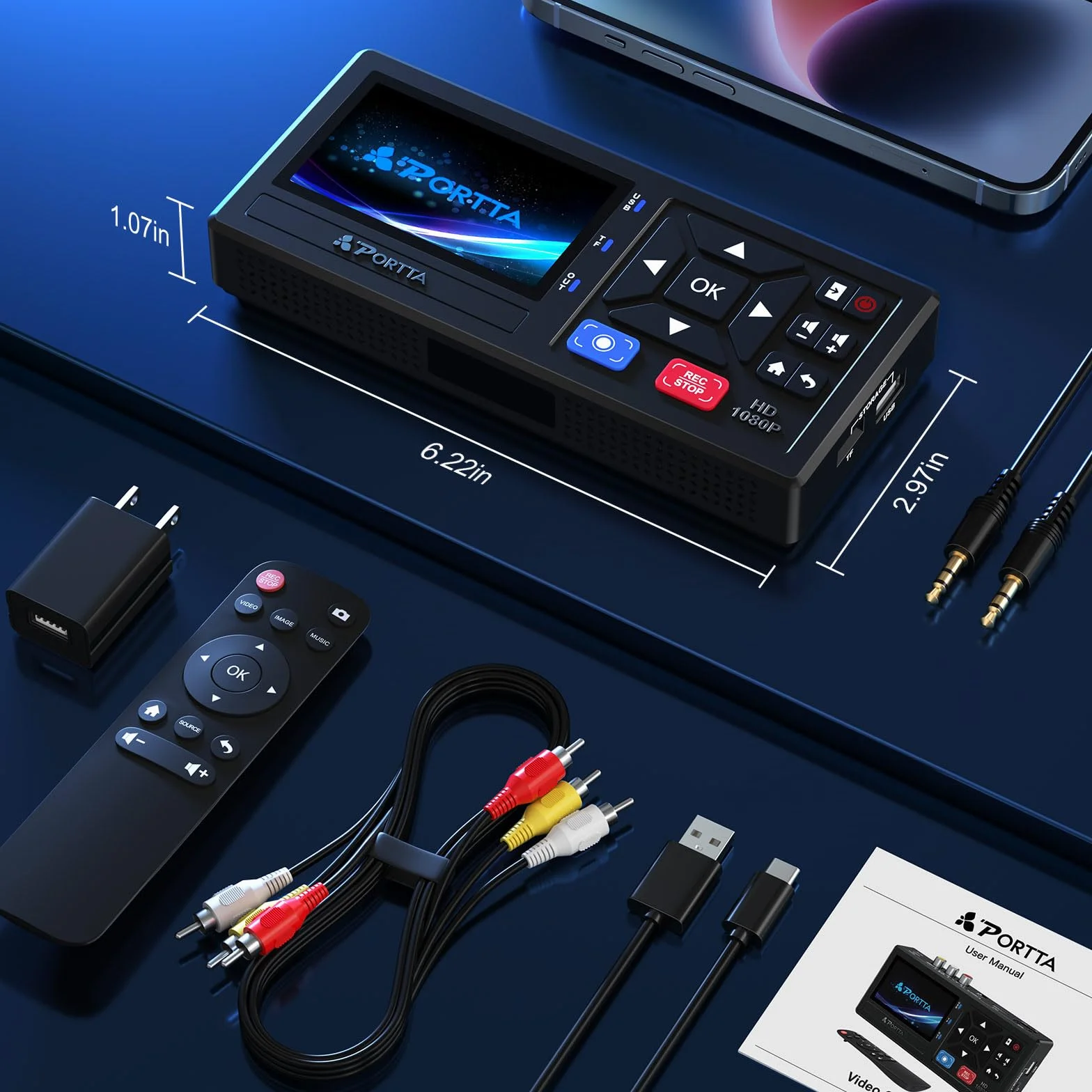 Convertitore da VHS a digitale Portta, registratore video con telecomando, compatibile VHS DVR Hi8 Mini DV console gioco