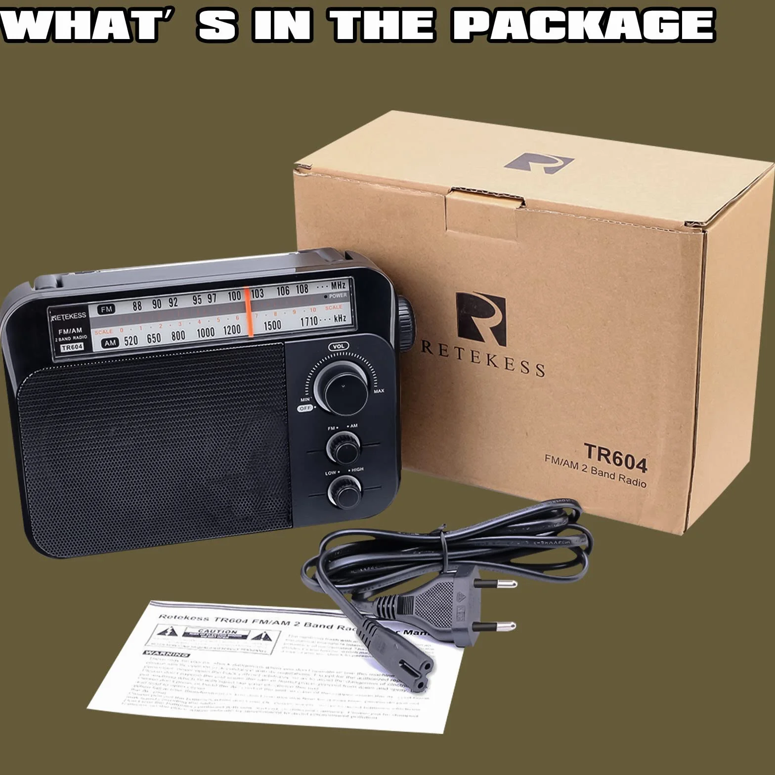 Retekess TR604 Radio Portatile FM AM a Corrente con Batteria Grande Display
