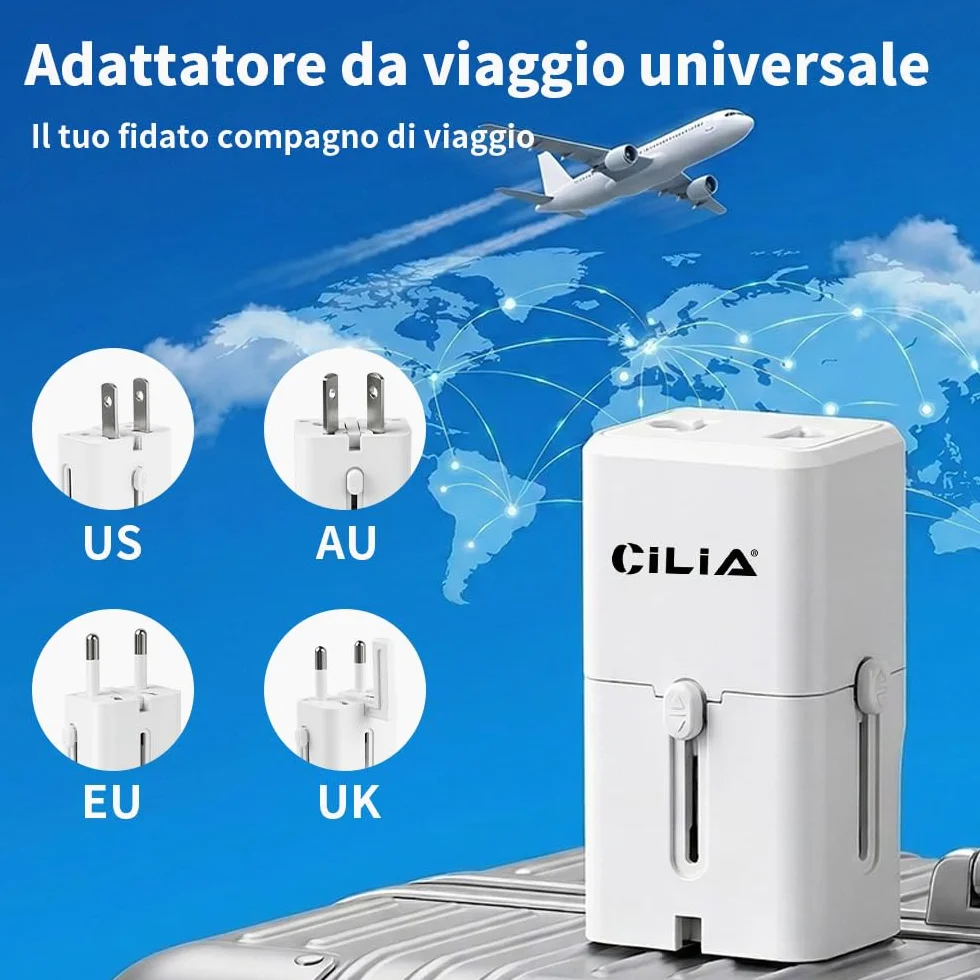 CILIA Adattatore Universale da Viaggio Presa Internazionale 150+ Paesi Spine US/UK/EU/AUS Compatto Bianco 2PCS