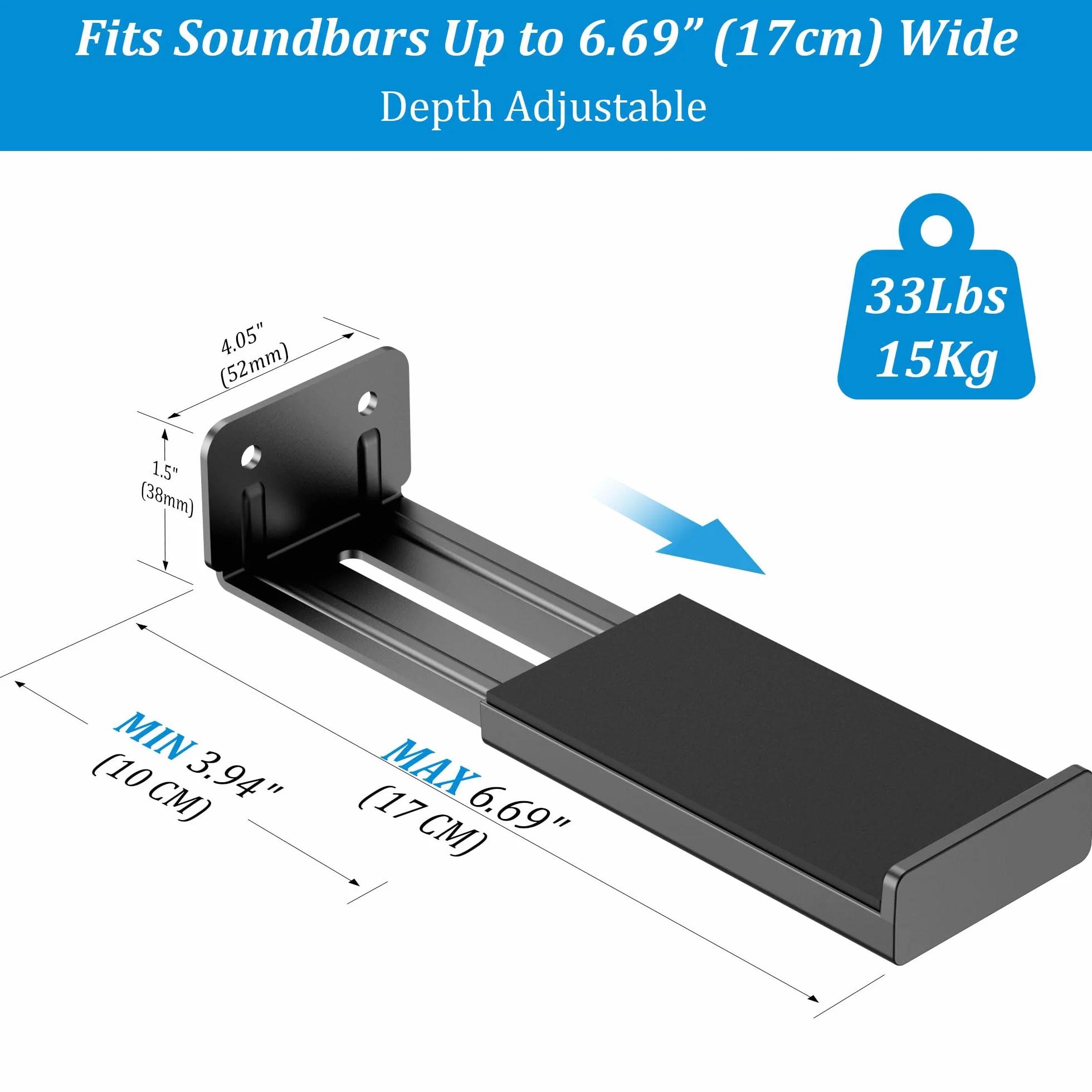 Supporto da parete per soundbar PlusAcc, portata 15 kg, profondità regolabile 10-17 cm, Nero