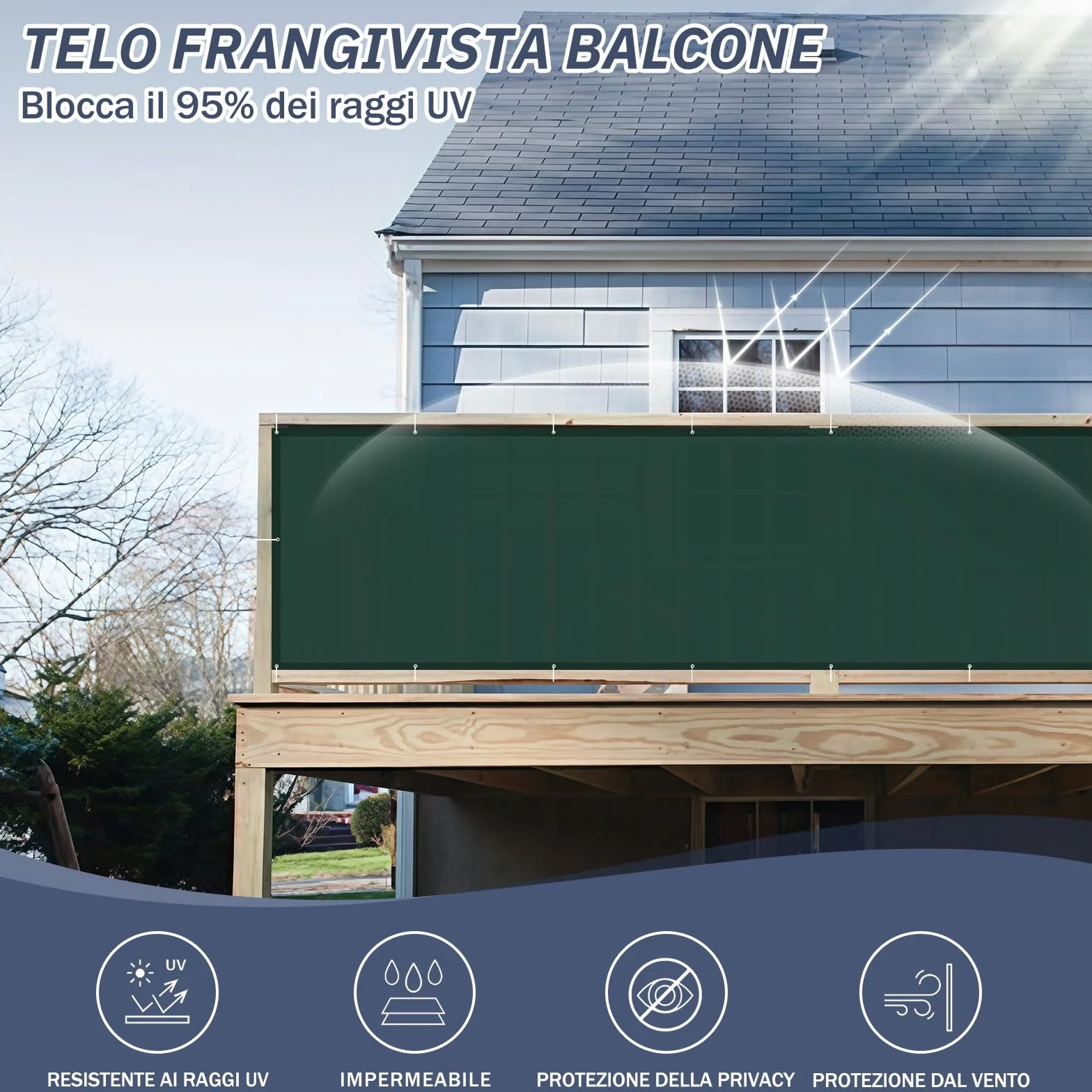 HENG FENG Frangivisto Balcone 0.9x8m, PES Impermeabile Copri ringhiera Balcone, UV-Resistente, Protezione della Privacy, con Cinghie, Verde