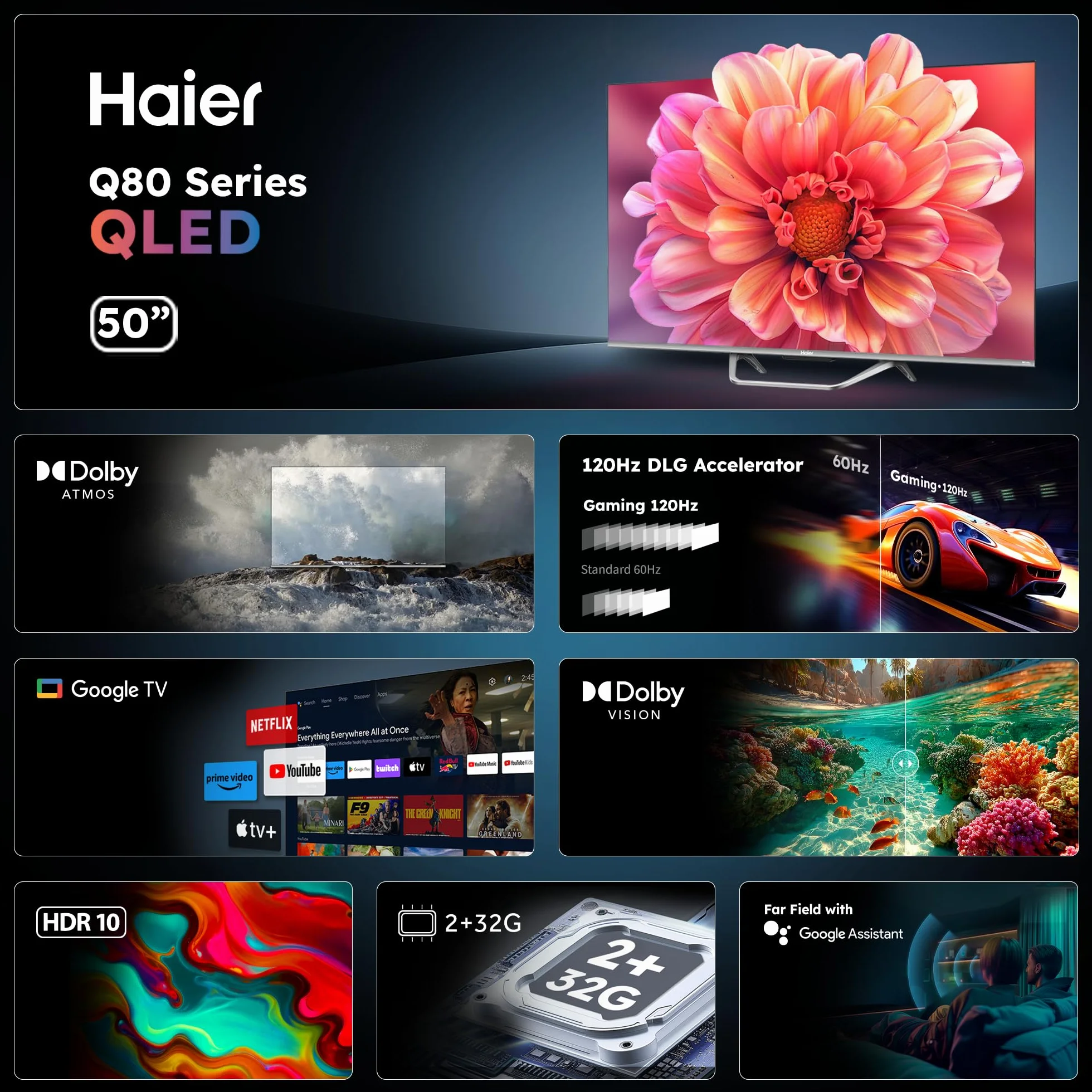 Haier 50" Smart TV QLED 4K Ultra HD Google TV Dolby Audio 120Hz HDMI 2.1 Bluetooth 5.1